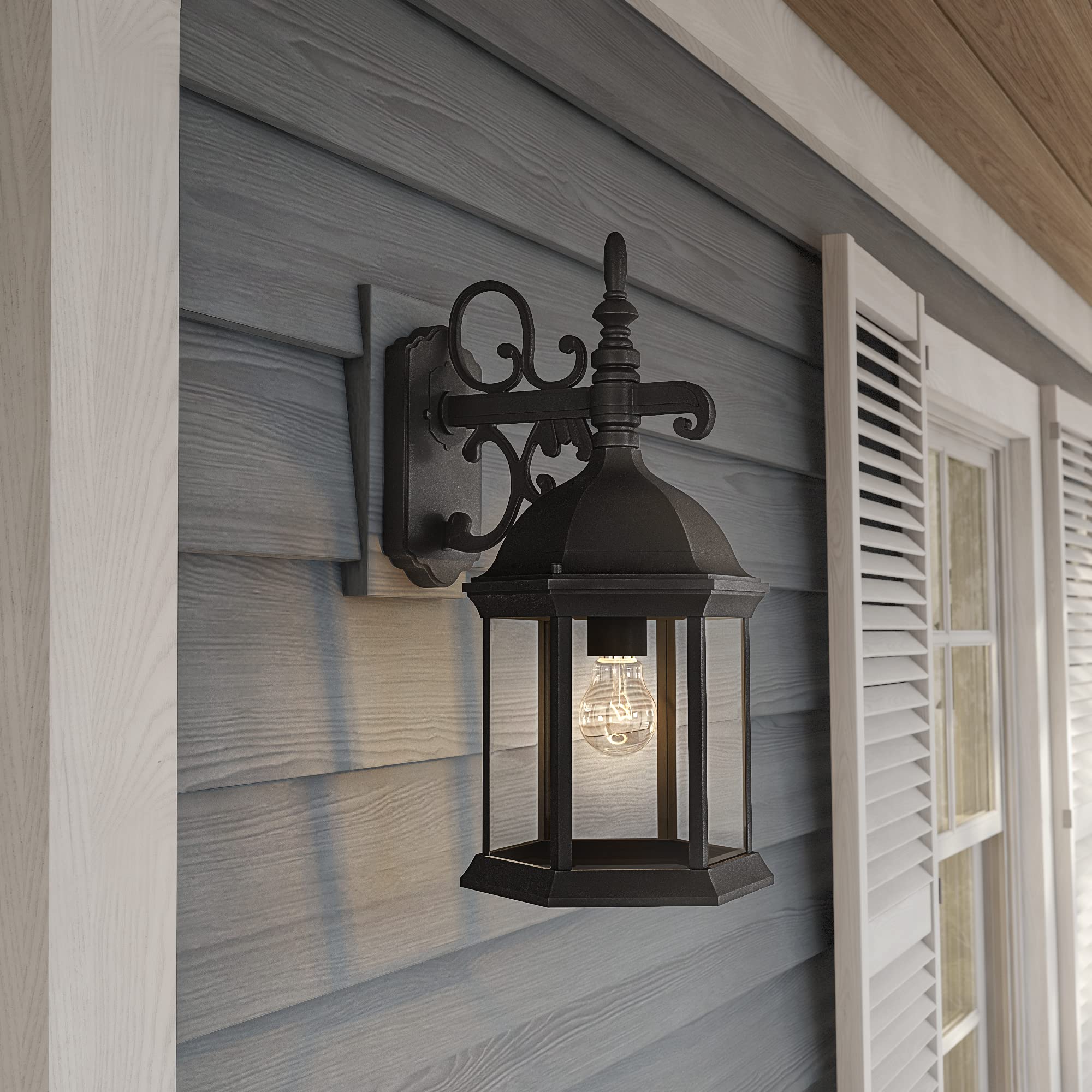 Outdoor Light Fixture, 14 Inch Exterior Wall Mount Lantern Sconce, Clear Glass Porch Lights for Front Door, Patio, and House Garage, Black, 2961-BK