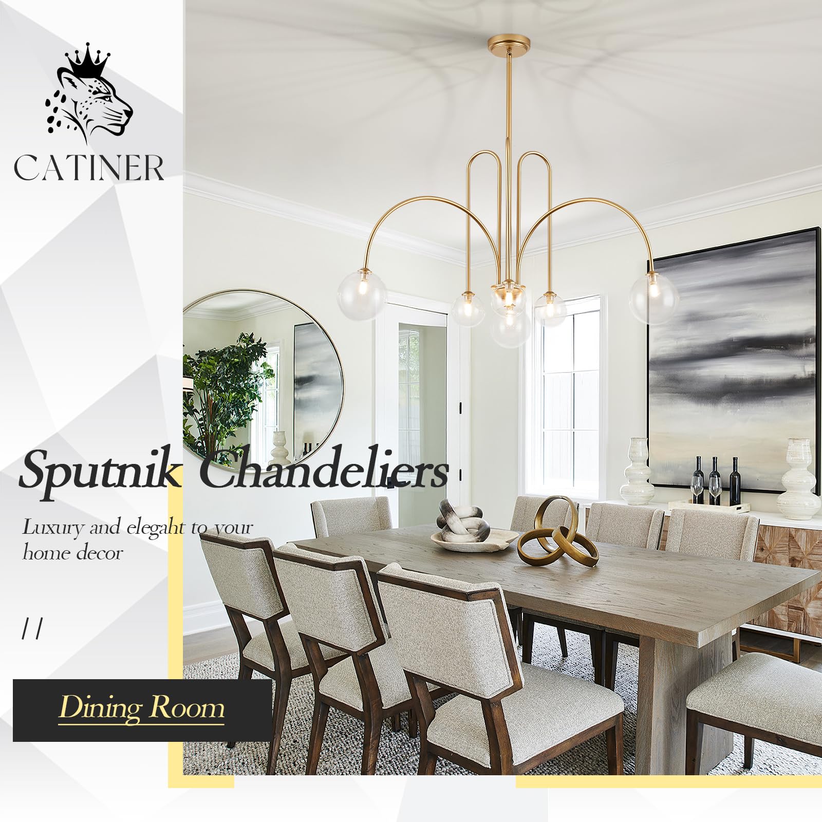 Gold Sputnik Chandeliers for Dining Room,Mid Century Crystal Glass Chandeliers 6 Lights Modern Ceiling Pendant Light Fixtures Iceberg Shape for Living Room Kitchen Island Bedroom