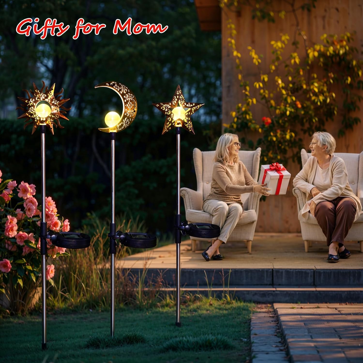 Solar Lights Outdoor Garden Decorations Sun Moon Star Stake Light Decorative Waterproof Warm White LED Yard Decor for Pathway Lawn Patio Courtyard Backyard