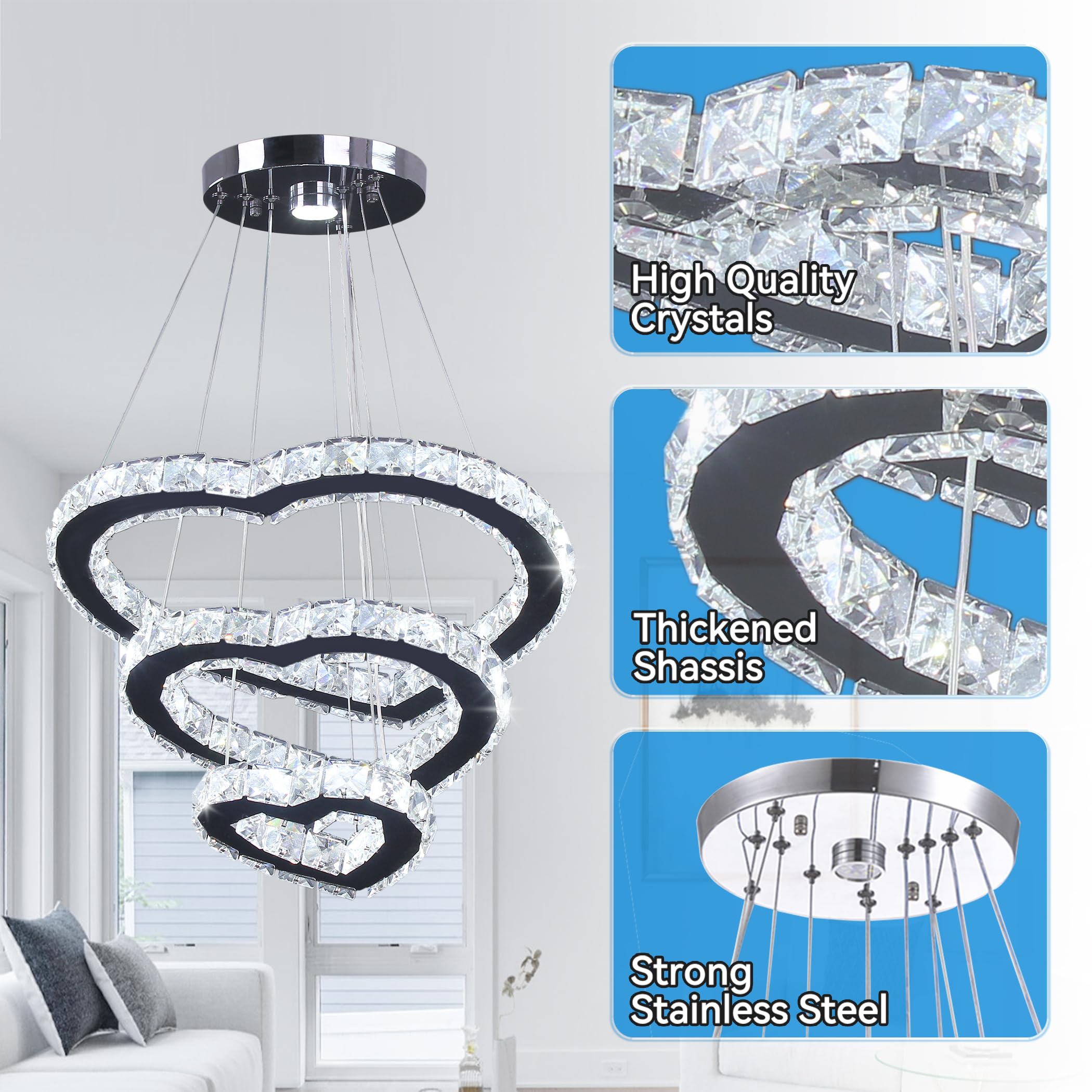 Modern LED Chandeliers Crystal Chandelier 3 Ring Round Pendant Lighting Adjustable Stainless Steel Ceiling Light Fixture for Living Room Dining Room Bedroom