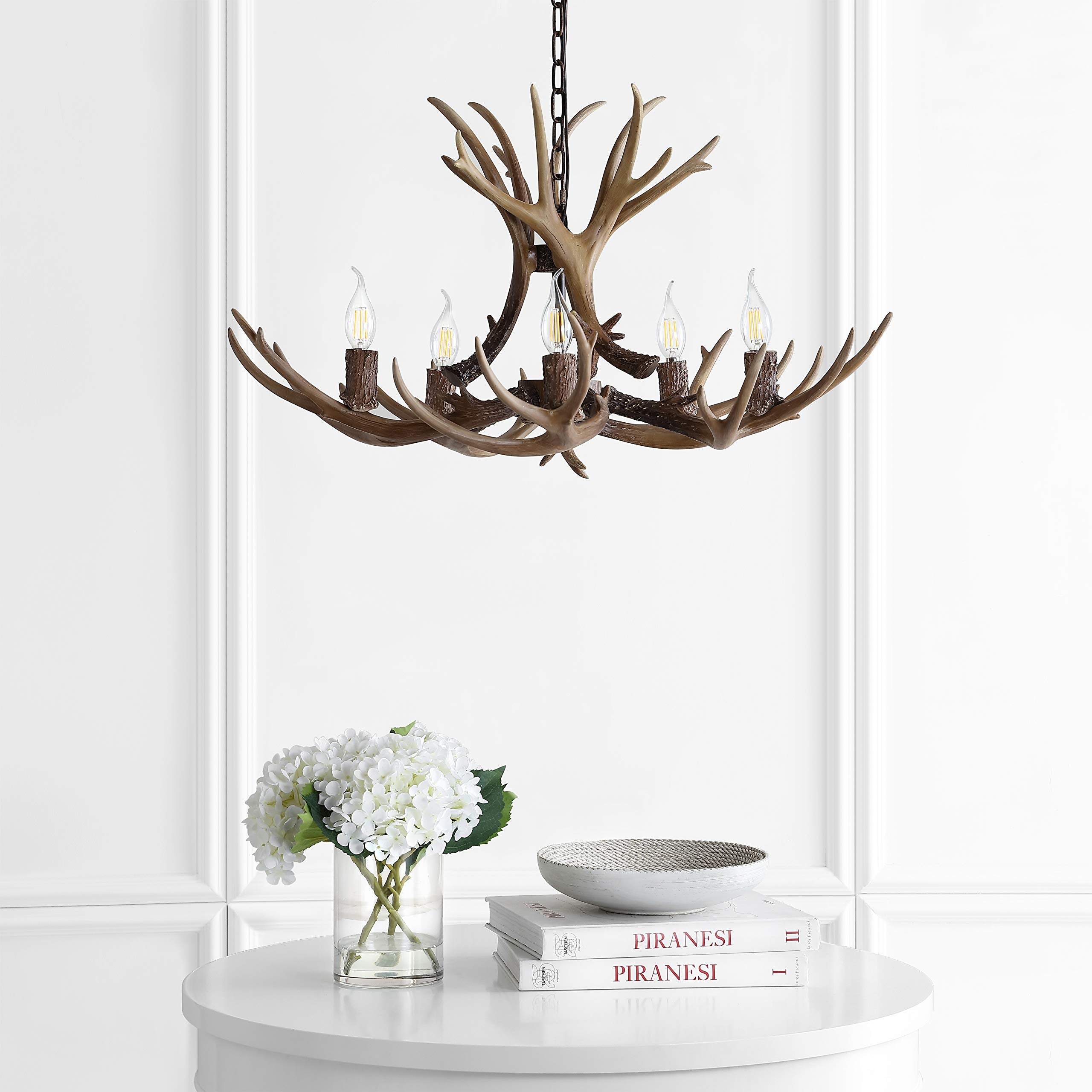 30" Adjustable Resin Antler 5-Light LED Chandelier, Glam, Rustic,Cottage,Transitional, Dimmable Dining Room, Living Room, Kitchen, Foyer, Bedroom, White