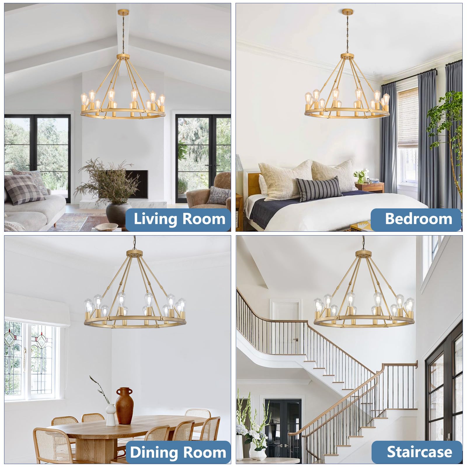 Gold Wagon Wheel Chandelier, 12-Light Industrial Pendant Light, 31.5'' Farmhouse Ceiling Hanging Chandelier Light Fixture for Living Room, Bedroom, Entryway, Foyer