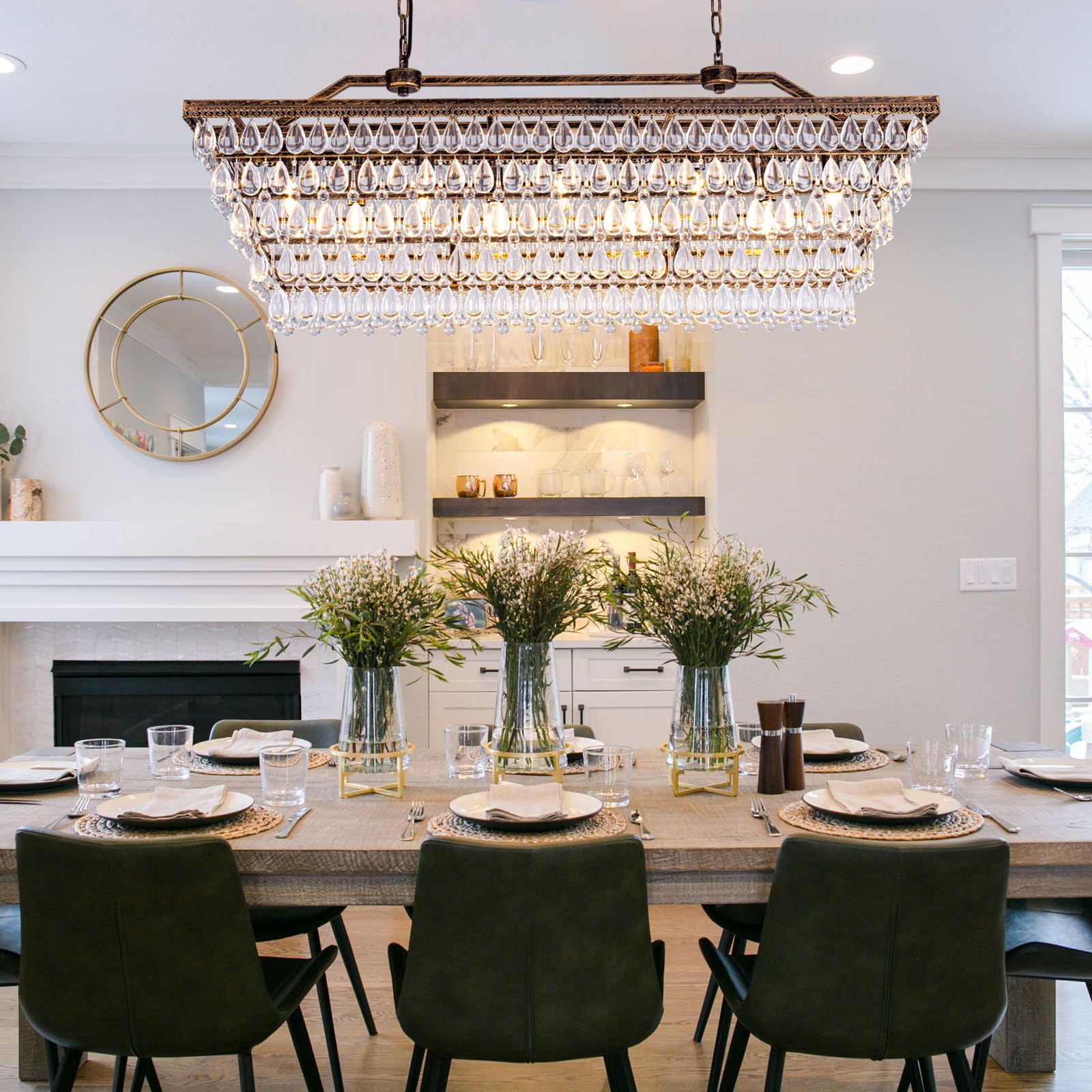 Dining Room Crystal Chandelier,30 inch Antique Bronze Rectangle Crystal Ceiling Light,4 Lights Farmhouse Kitchen Island Lighting,Adjustable Hanging Light Fixtures