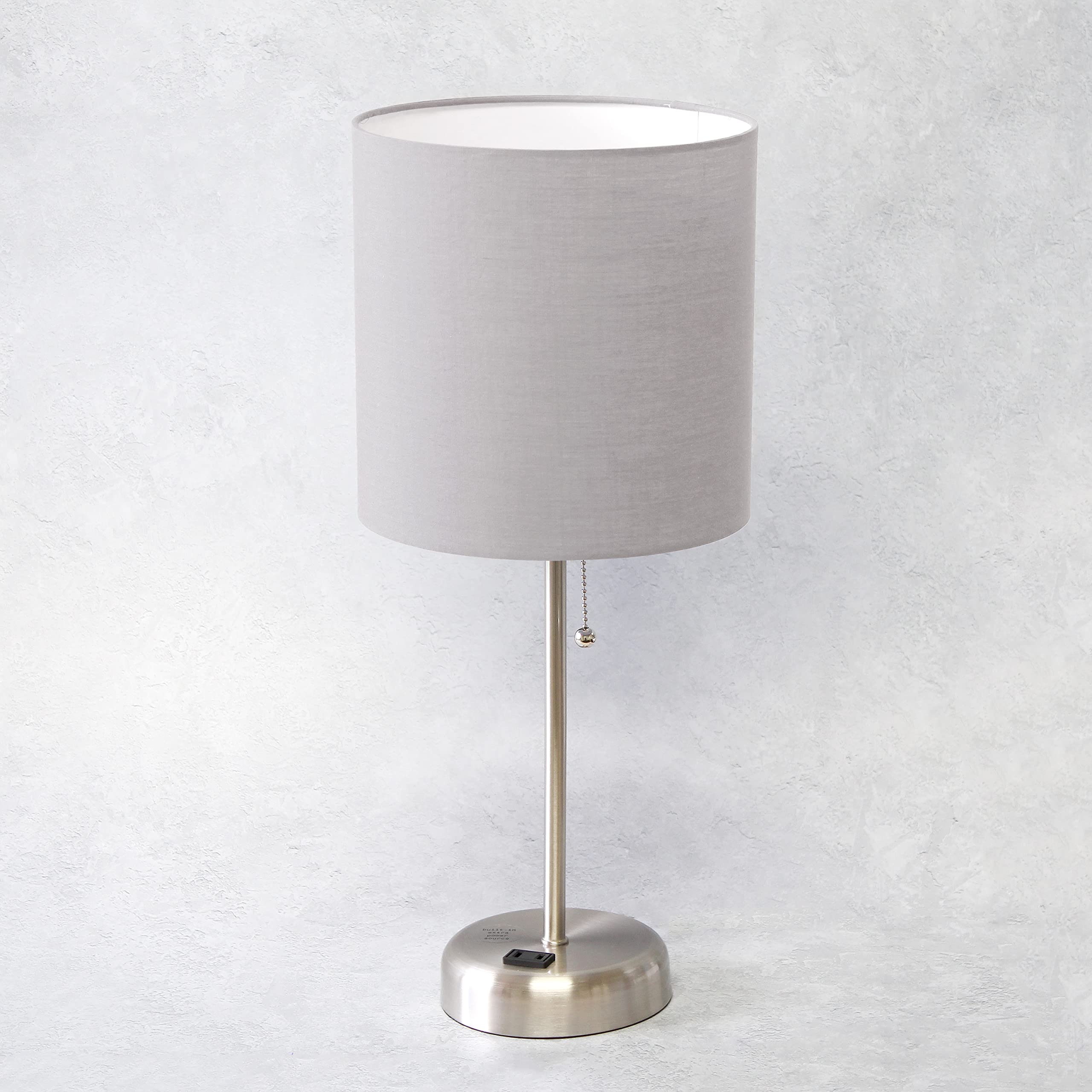 Brushed Steel Stick Table Desk Lamp with Charging Outlet and Drum Fabric Shade, Gray Shade