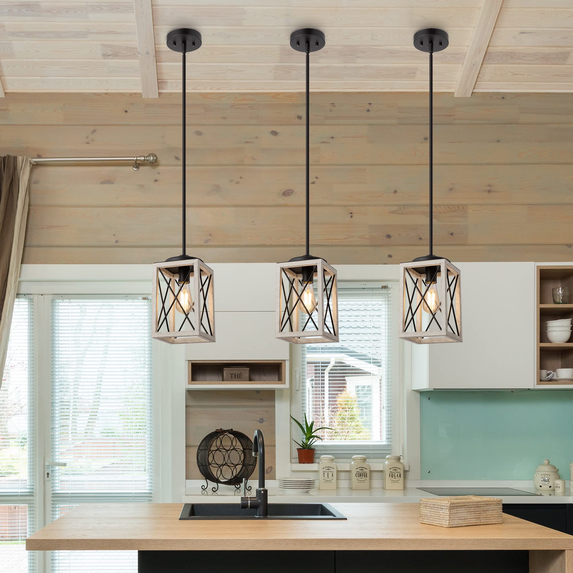 Pendant Light, Adjustable Hanging Light Fixtures for Flat and Slop Ceiling, Vintage Farmhouse Pendant Light with Wooden Grain Finish for Bedroom, Kitchen, Living Room, E26 Base