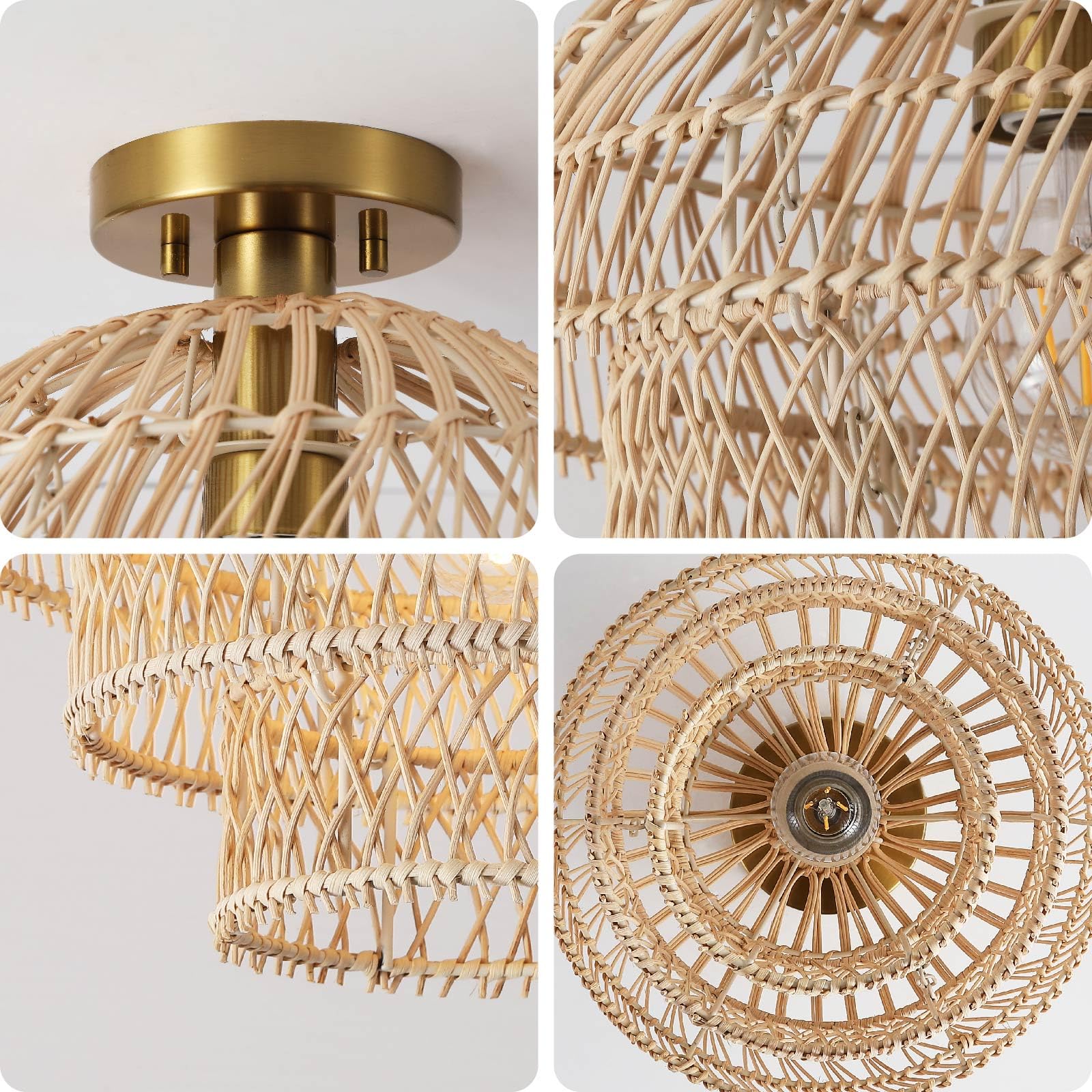 12'' Rattan Ceiling Light Fixtures Boho Chandelier Rattan Semi Flush Mount Ceiling Light with Tiered Wicker Lampshade,Farmhouse Ceiling Light Fixtures for Bedroom Entryway Living Room Nursery