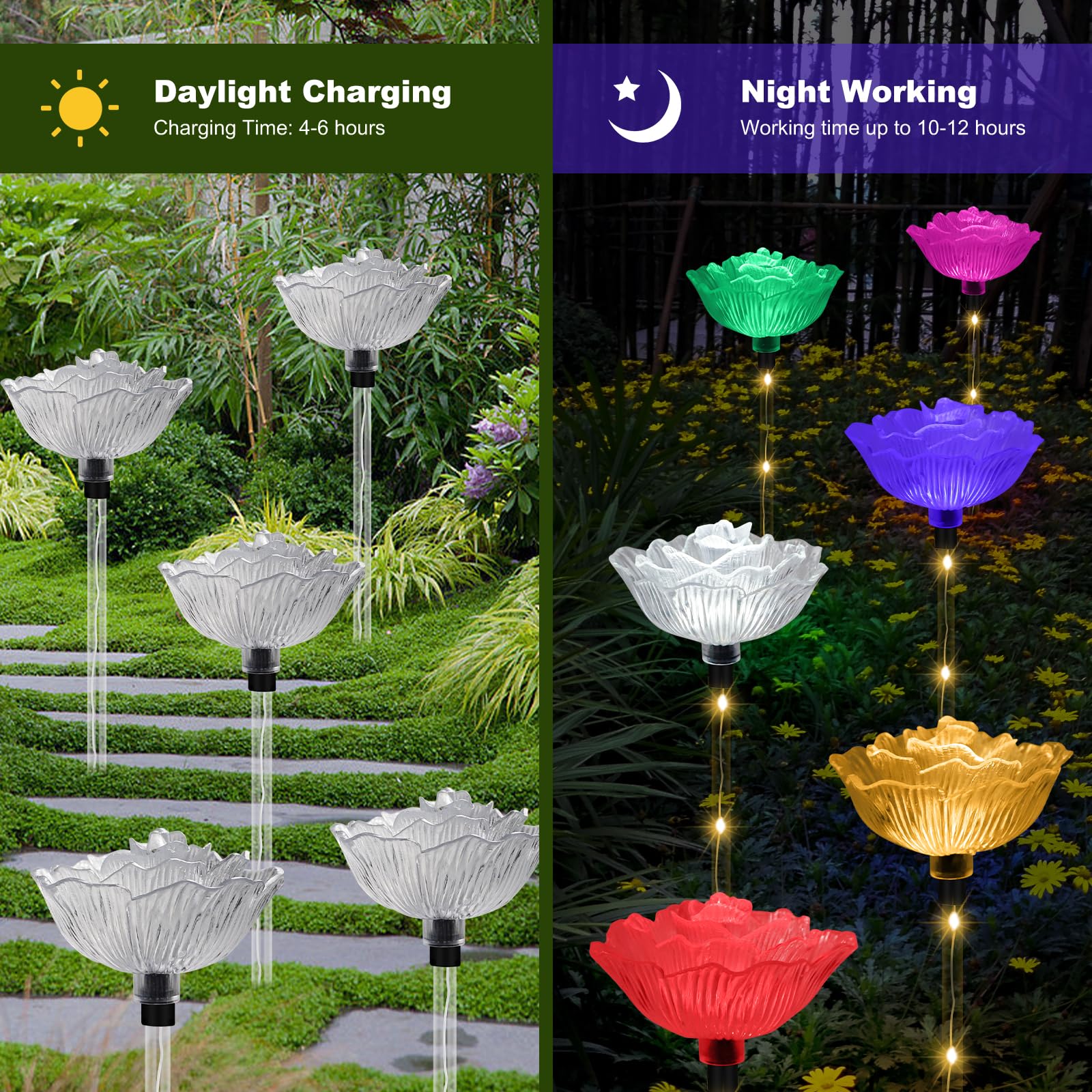 Solar Outdoor Lights,Set of 6 Solar Garden Lights with 6 Red Rose Flower,Waterproof Rose Stake Lights for Garden Yard Pathway Outside Decor