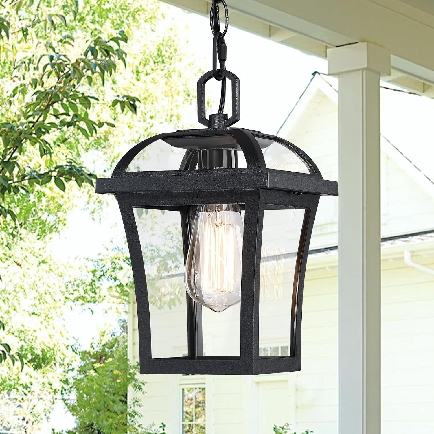 Outdoor Pendant Lights for Porch, Farmhouse Exterior Hanging Lights Fixture with Adjustable Chain,Modern Black Outdoor Chandelier Lantern with Clear Glass for Front Porch, Yard, Gazebo