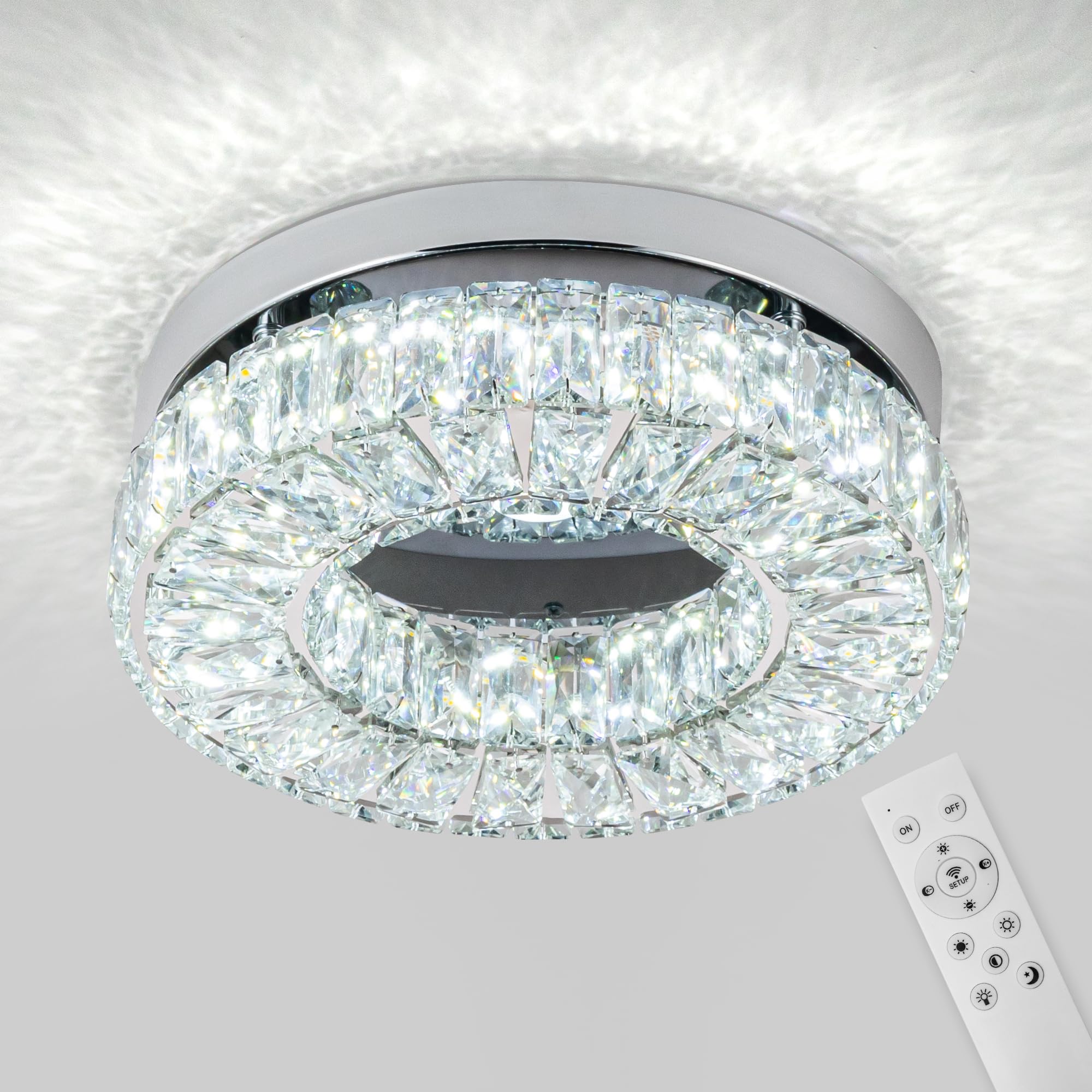 11.8" Crystal Chandelier LED Crystal Flush Mount Ceiling Light Modern Crystal Chandeliers for Bedrooms Dining Room Hallway (6500K Cool White) Without Remote Control