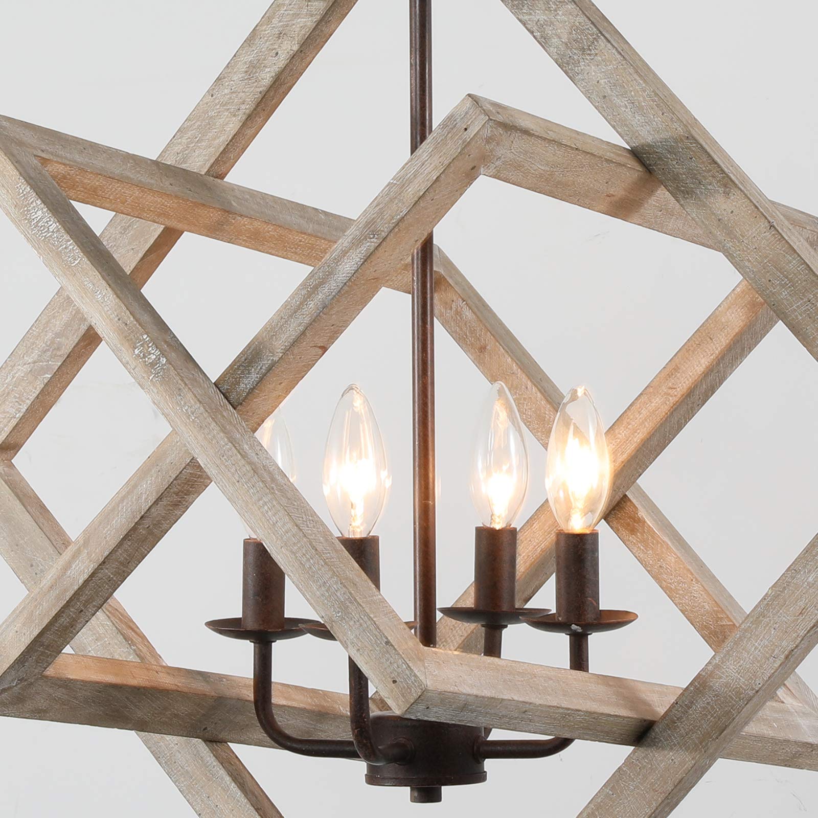 2024 Upgraded Wood Farmhouse Chandeliers for Dining Room, 4-Light Rustic Foyer Geometric Lantern Coastal Pendant Light Fixture, Modern French Country Lighting for Kitchen Island Entryway Bedroom Entry