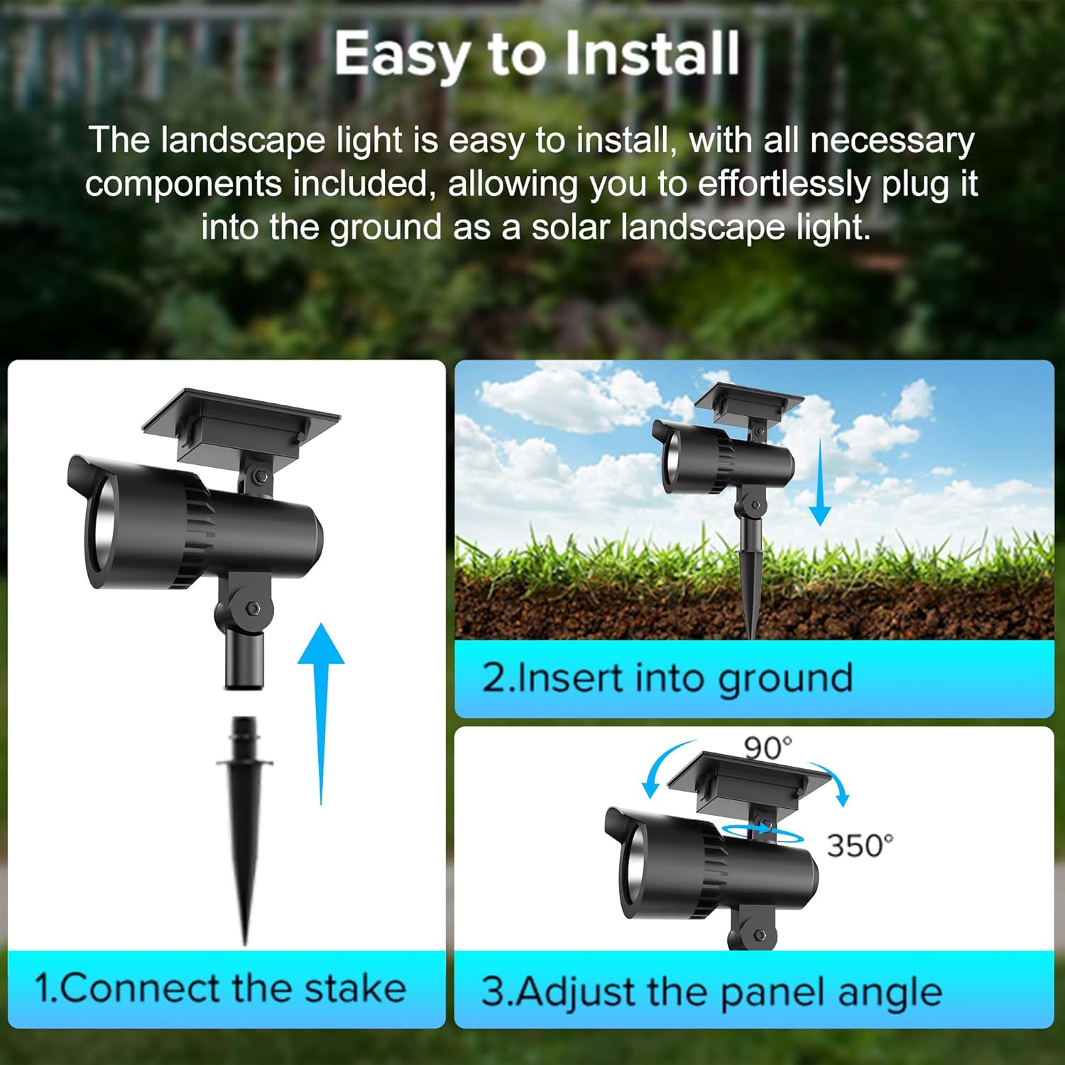 Outdoor Solar Lights for Yard, 1000mAh Landscape Lighting Solar Spotlights Outdoor, Waterproof IP65 Solar Spot Lights Outdoor, Auto On/Off for Yard, Wall, Garden, Pool, Tree, Pathway 6500K 2 Pack