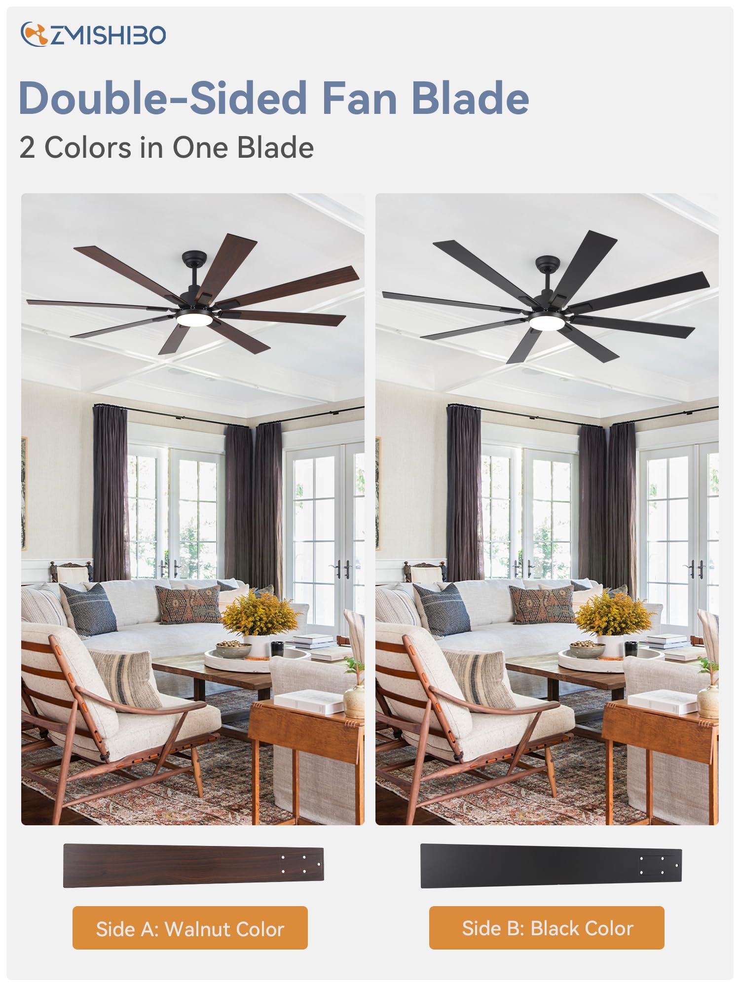 72 inch Oil Rubbed Bronze Ceiling Fans with Lights and Remote, Indoor/Outdoor Farmhouse Ceiling Fan for Living Room Patio, 6 Speed Reversible Quiet DC Motor, 3CCT, Dual Finish Blades