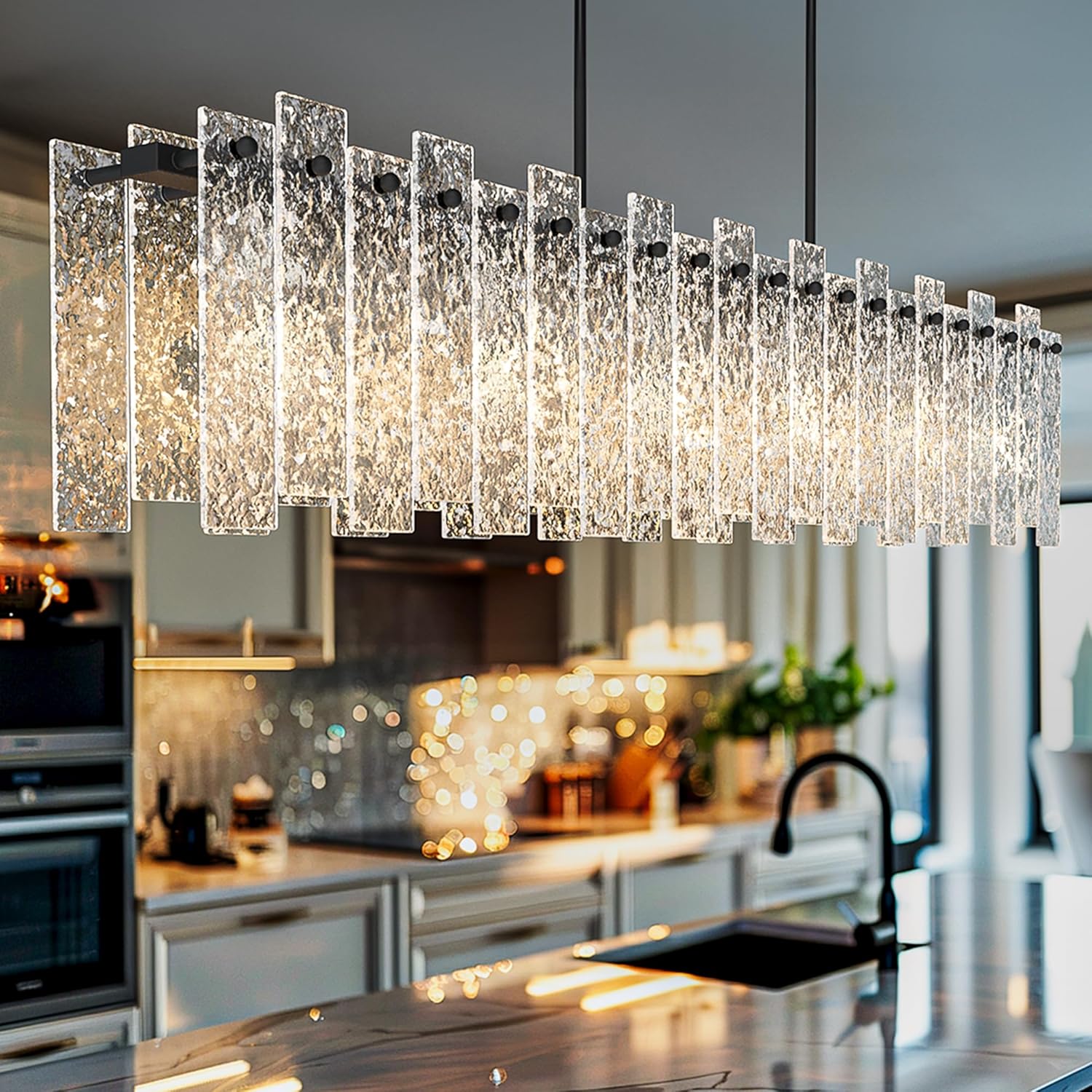 Modern Black Chandelier for Dinning Room - Large Rectangular Chandelier, Water Ripple Glass Island Light Fixture, 6-Lights Linear Large Chandelier for Kitchen Island Bar, Living Room