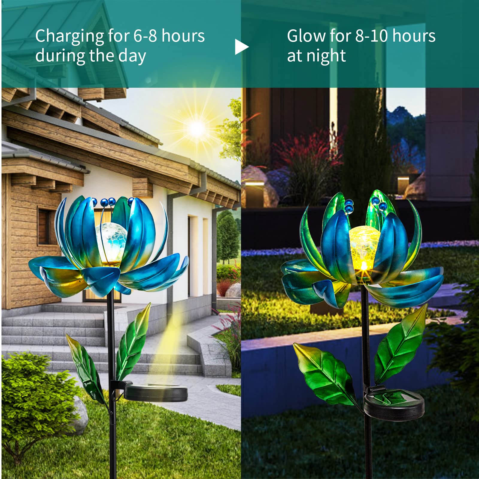 Solar Light Outdoor Waterproof Garden Light Metal Glass Decorative LED Lotus Flower Table Lamp