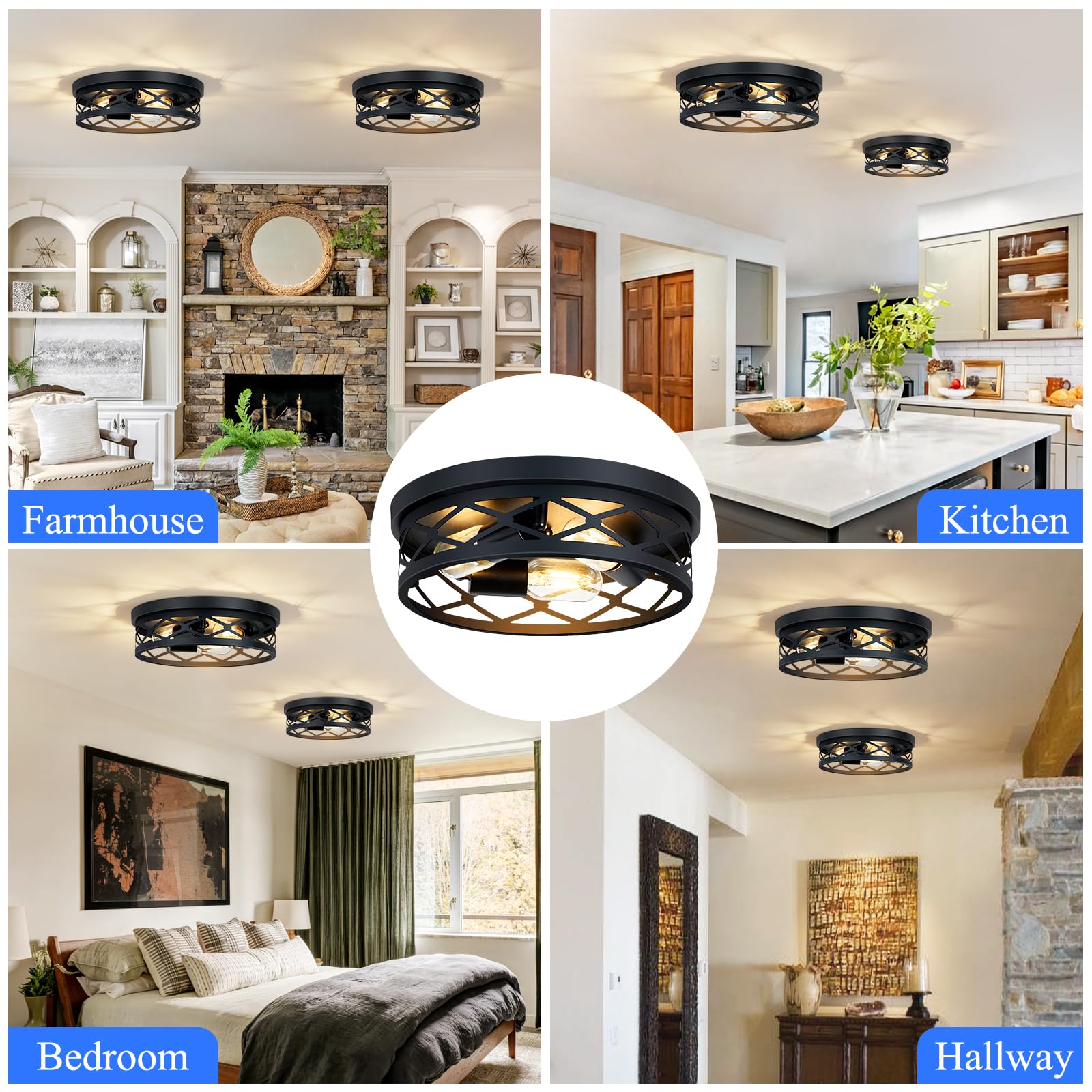 Flush Mount Ceiling Light Fixture,3-Light Ceiling Light Fixture for Hallway, Black Hallway Light Fixtures Ceiling,Light Fixtures Ceiling Mount for Kitchen,Farmhouse,Hall (1 Pack) (13.1inch)