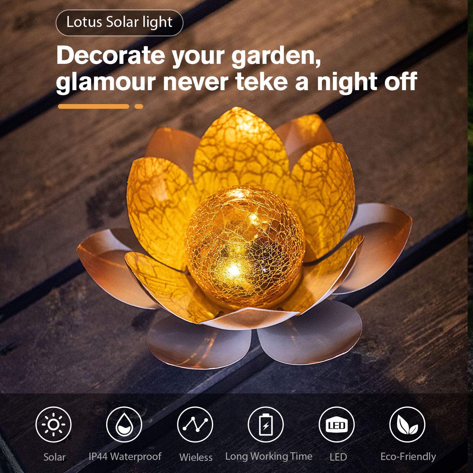 Solar Light Outdoor Waterproof Garden Light Metal Glass Decorative LED Lotus Flower Table Lamp