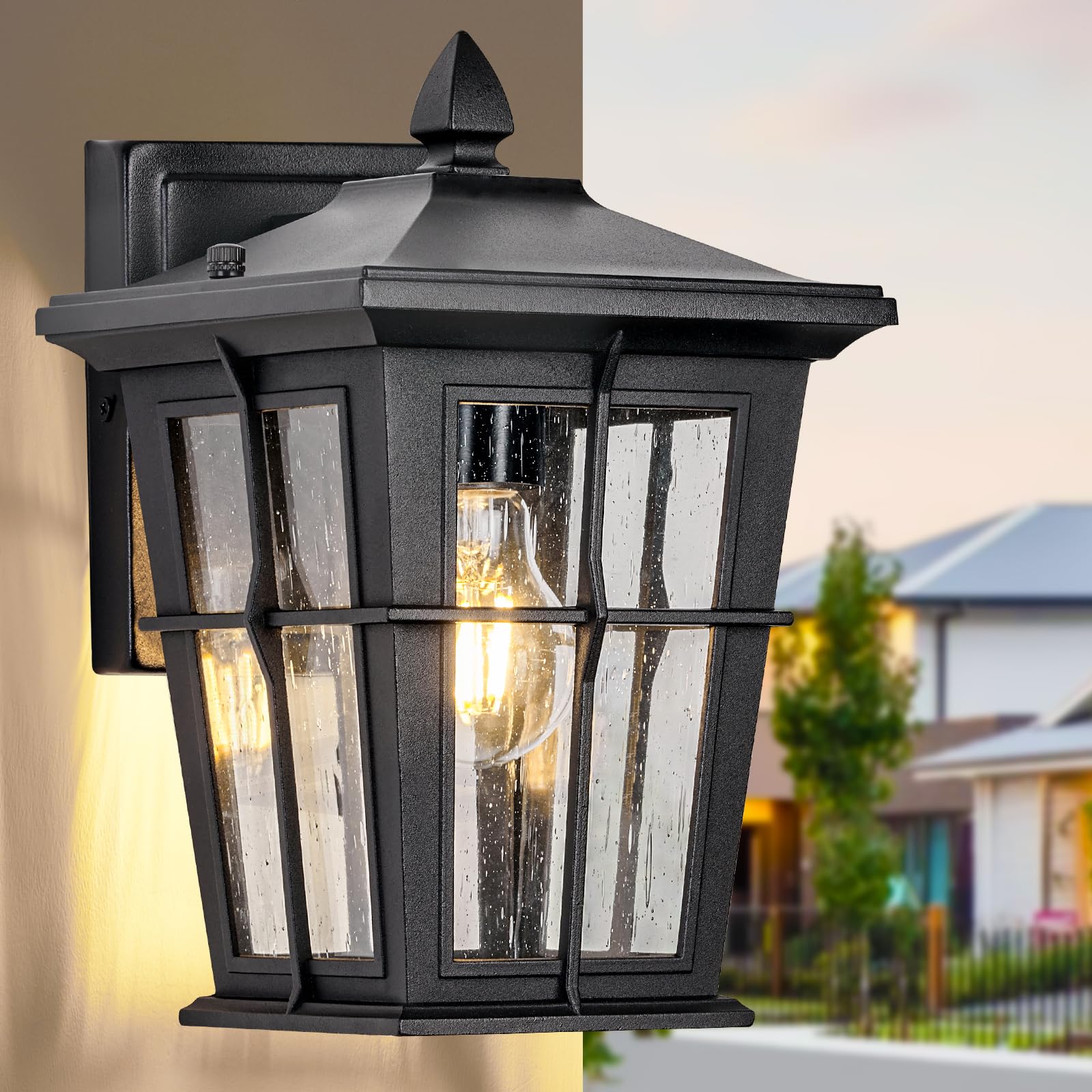 Outdoor Pendant Light, Waterproof Aluminum Black Exterior Hanging Lantern with Seeded Glass, Outside Chandelier Modern Exterior Hanging Light Fixtures for Porch Foyer Entryway, 609-1H-SBK