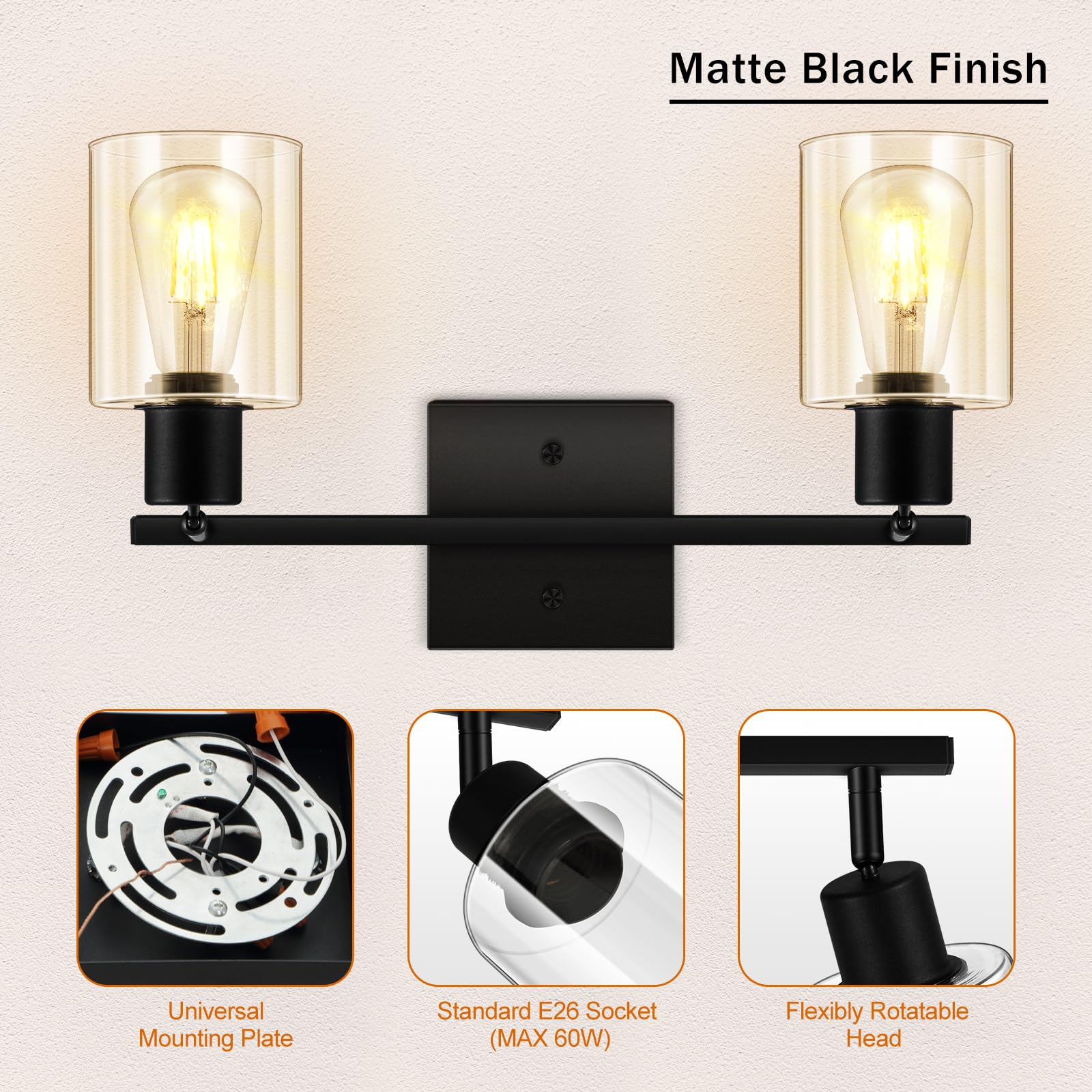 4-Light Track Lighting Fixtures with Clear Glass Shade, Modern Kitchen Lighting Fixtures Ceiling, Rotatable Track Head, Wall Mount Track Light for Bedside Vanity Hallway Bedroom, Matte Black