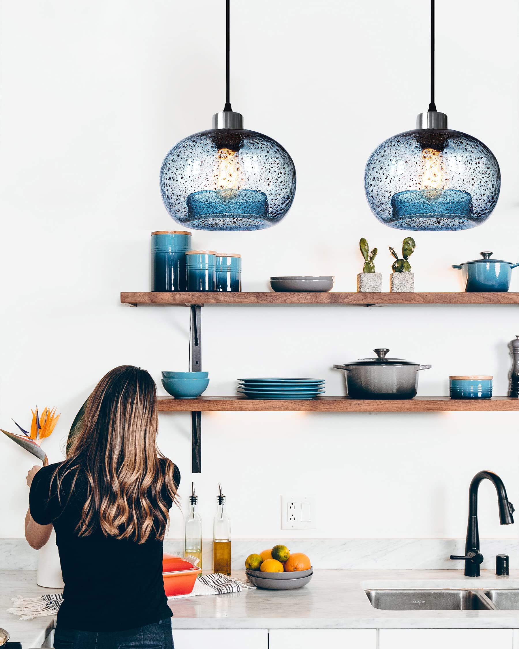 Pendant Lights Kitchen Island Hand Blown Glass Lighting Marble Blue Modern Farmhouse Foyer Entryway Light Fixtures Ceiling Hanging Globe Over Table Sink Brushed Nickel 9 Inch Diam