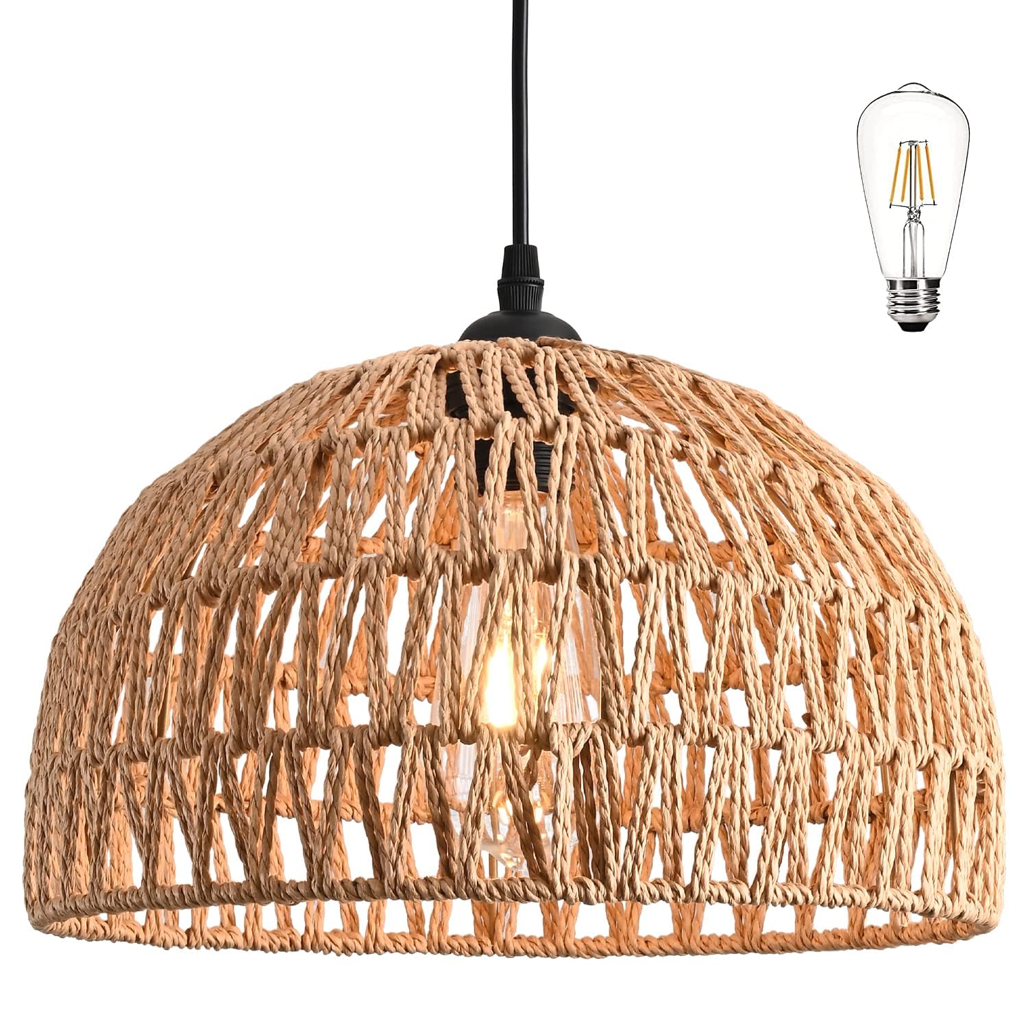 Mini Hemp Rope Woven Pendant Light Woven Light Fixture Boho Chandelier Light Fixture Wicker Pendant Light Rattan Light Pendant Dome Wicker Chandelier for Bedroom Kitchen Island(Bulb Incl.)