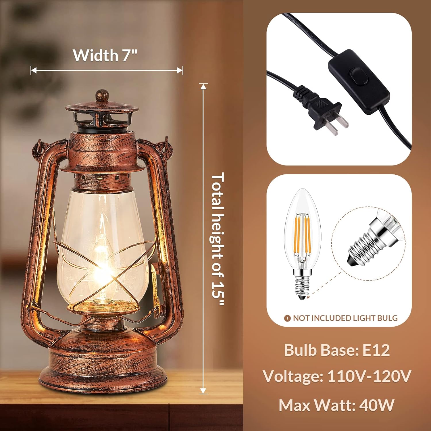 NOXARTE Rustic Lantern Table Lamp Plug-in Old Fashioned Night Light Perfect for Bedroom Living Room H15 Inch x W7 Inch