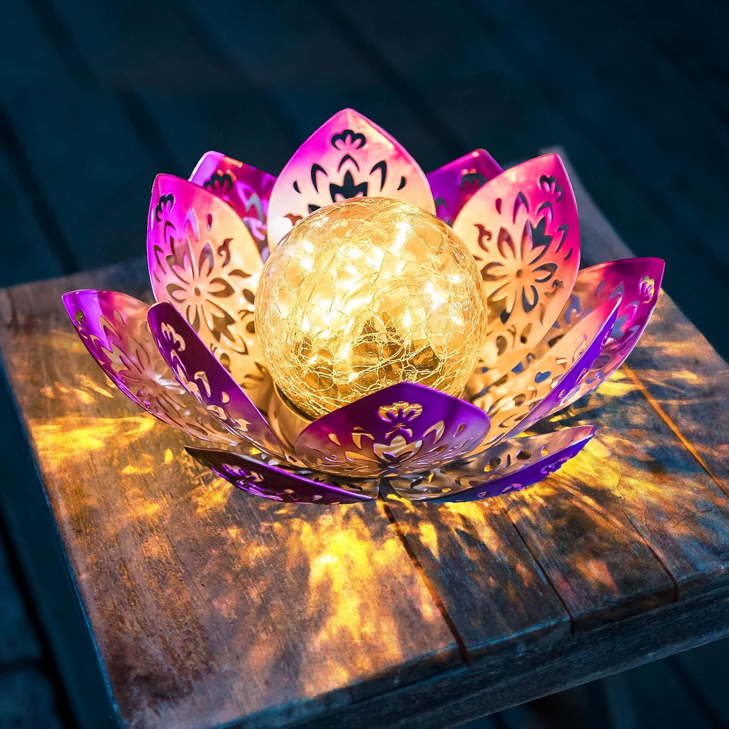 Solar Light Outdoor Waterproof Garden Light Metal Glass Decorative LED Lotus Flower Table Lamp