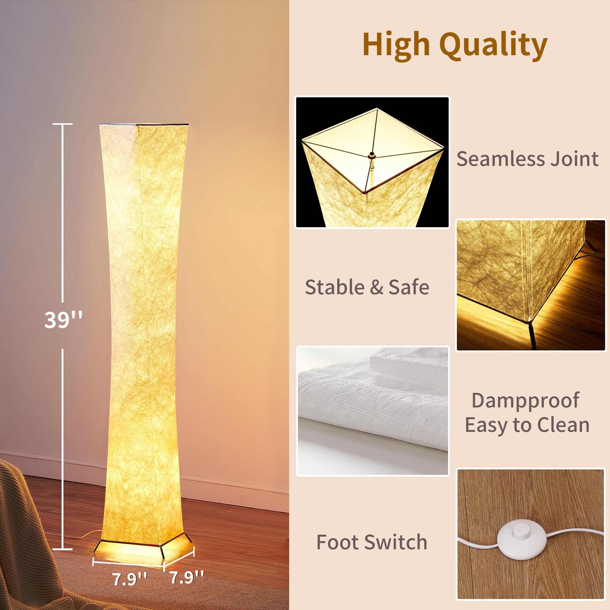 Floor Lamp, Dimmable 64" Tall Standing Lamp, 3 Levels Adjustable Brightness 12Wx2 LED Bulbs, Column Floor Light w/White Fabric Shade, Home Decor for Living Room, Bedroom, Kids Room