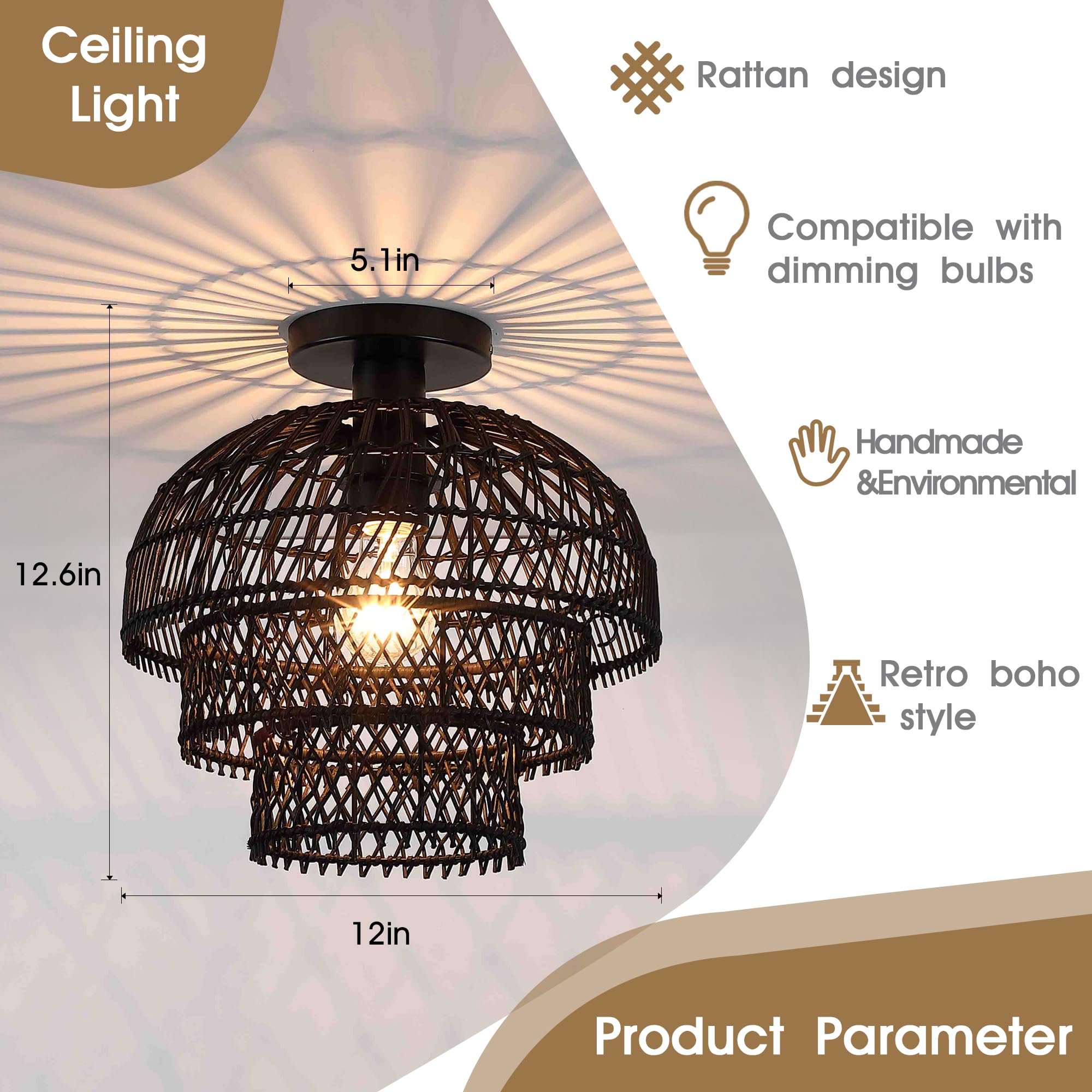 12'' Rattan Ceiling Light Fixtures Boho Chandelier Rattan Semi Flush Mount Ceiling Light with Tiered Wicker Lampshade,Farmhouse Ceiling Light Fixtures for Bedroom Entryway Living Room Nursery