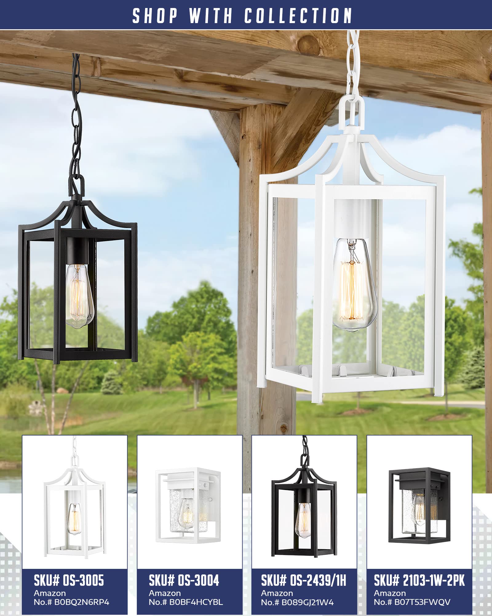 Outdoor Pendant Light, 14" Large Modern Outdoor Hanging Porch Light with Adjustable Chain, Exterior Outdoor Hanging Light in Black Finish and Clear Glass, 2439/1H