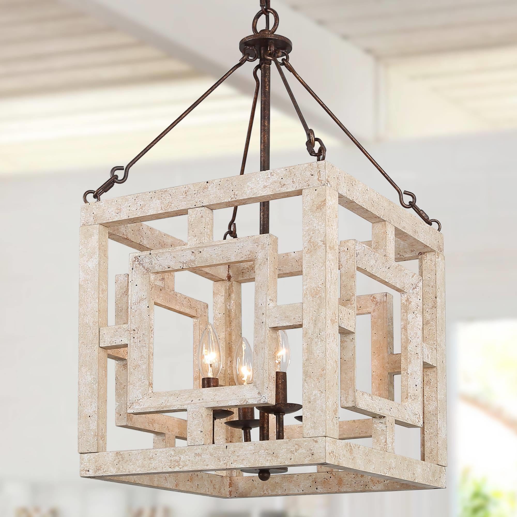 Farmhouse Wood Chandelier, 3 Light Rustic Mid-Century Lantern Wooden Chandeliers Hanging Light Fixture for Dining Room, Living Room, Bedrooms, Living Room, Entryway