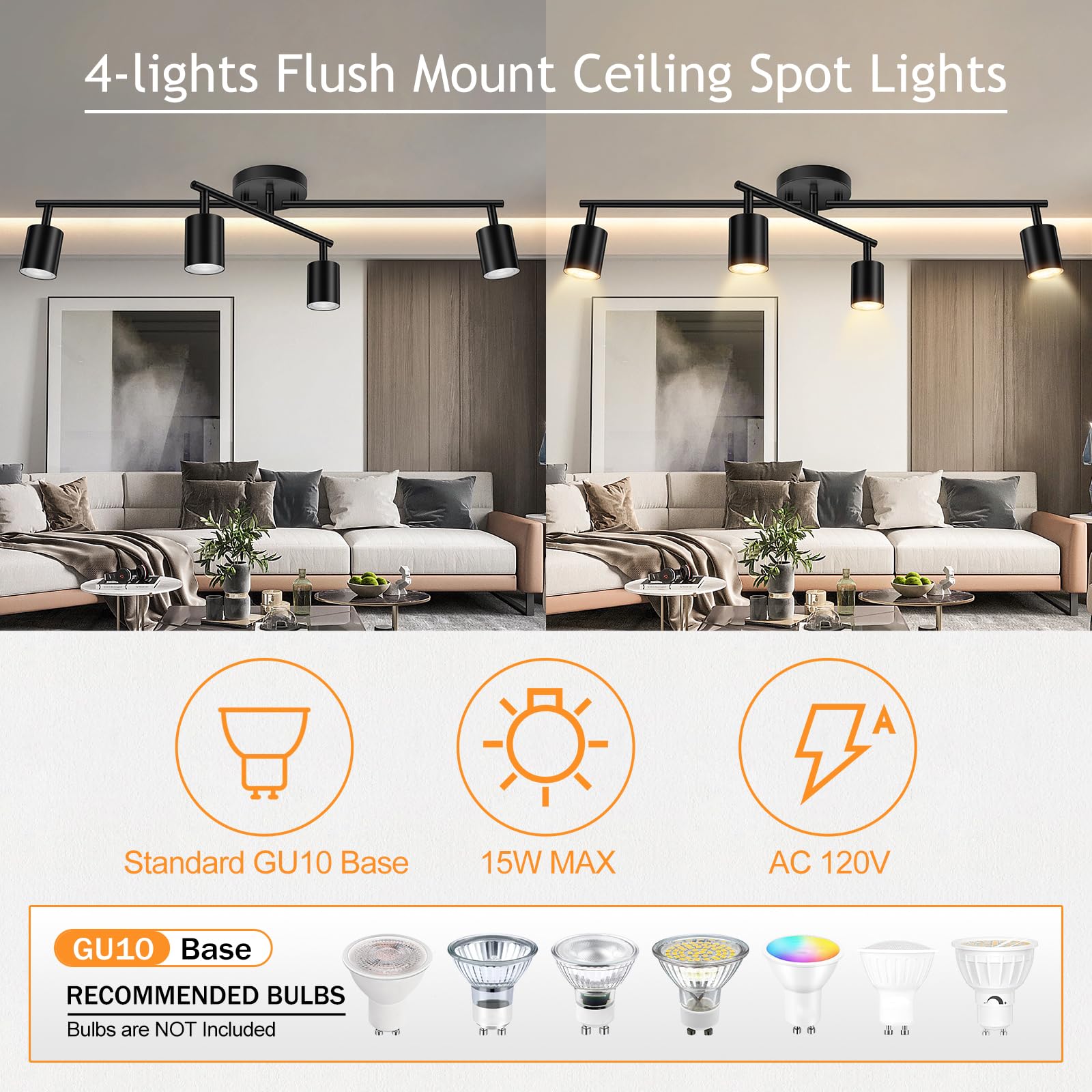 LED 2 Light Track Lighting Kit, Black 2 Way Ceiling Spot Lighting, Flexibly Rotatable Light Head for Kitchen, Living Room, Bedroom, GU10 Bulb Not Included