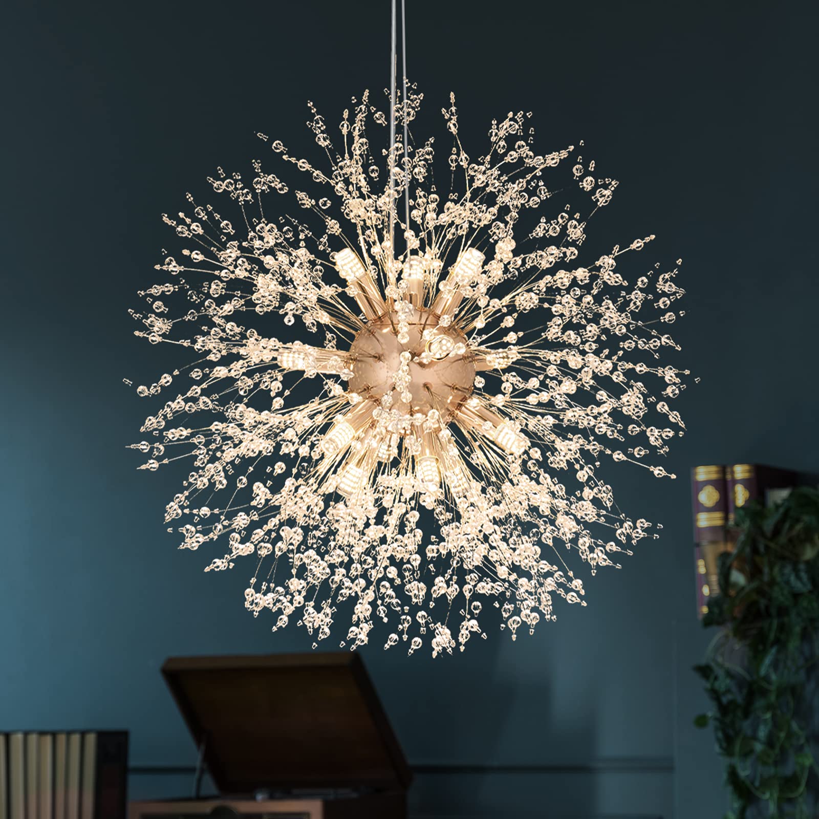 Modern Crystal Chandeliers Firework, Crystal Light Fixture, Dandelion Chandelier (12-Light, Gold) for Foyer Hallway Entryway Kitchen Bedroom