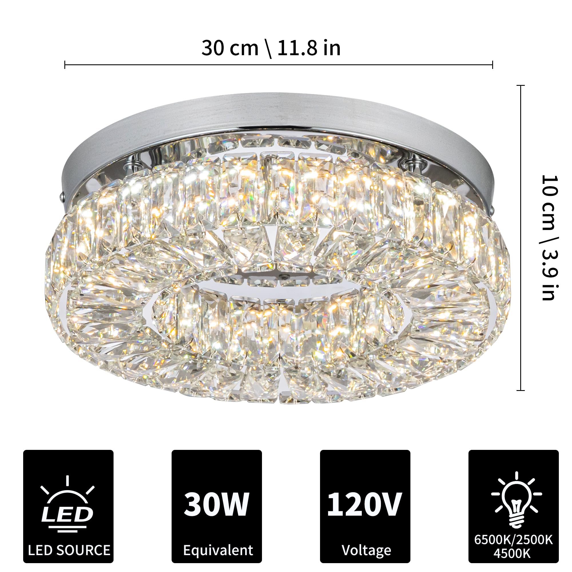 11.8" Crystal Chandelier LED Crystal Flush Mount Ceiling Light Modern Crystal Chandeliers for Bedrooms Dining Room Hallway (6500K Cool White) Without Remote Control