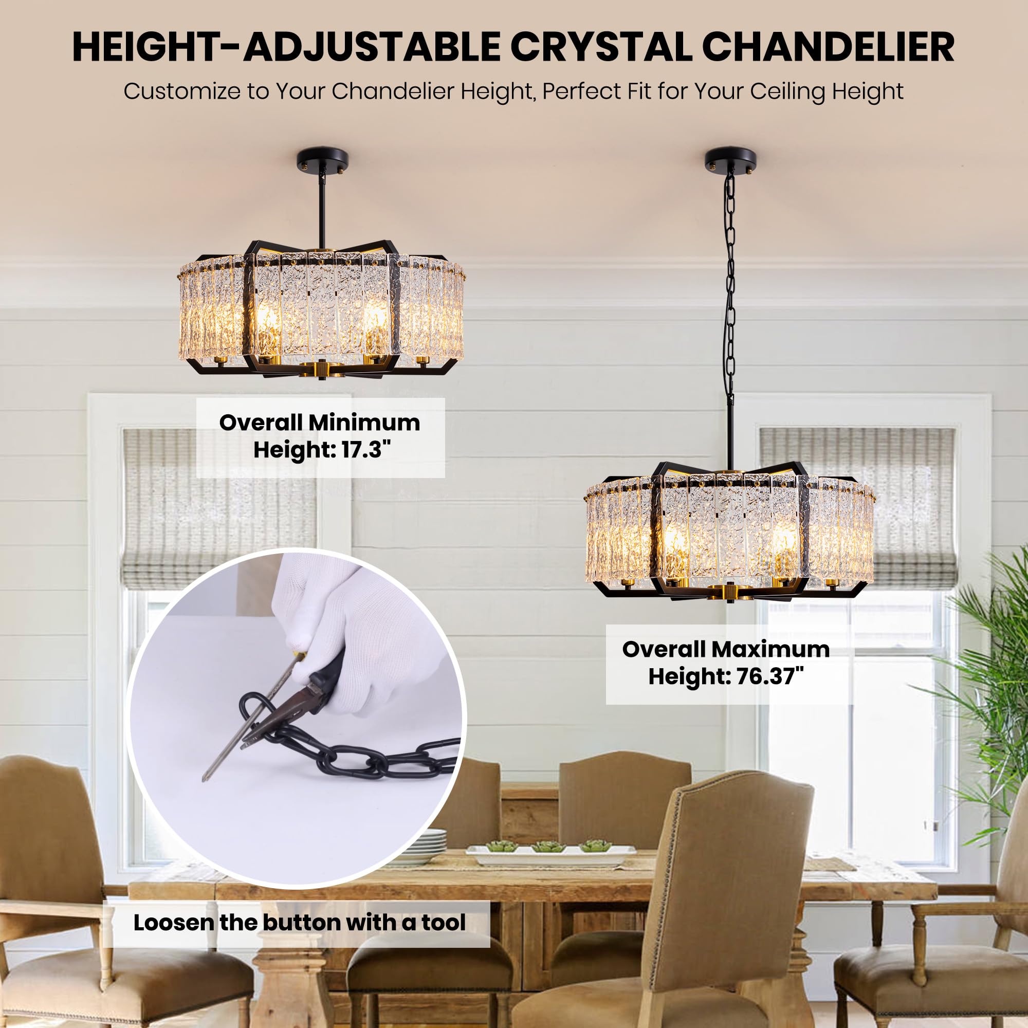 Modern Crystal Chandeliers for Dining Room, D25.2 Luxury Water Ripple Glass Black Light Fixture, Round Drum Chandelier for Kitchen Island, Bar Table, Entryway, Farmhouse (6-Light)