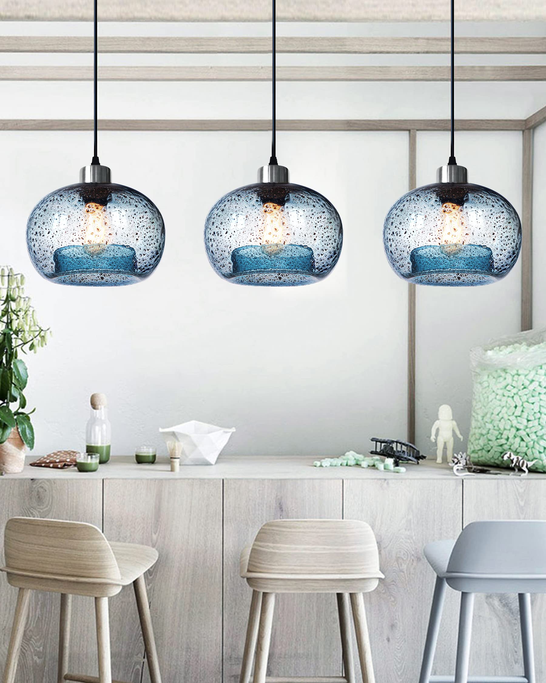 Pendant Lights Kitchen Island Hand Blown Glass Lighting Marble Blue Modern Farmhouse Foyer Entryway Light Fixtures Ceiling Hanging Globe Over Table Sink Brushed Nickel 9 Inch Diam