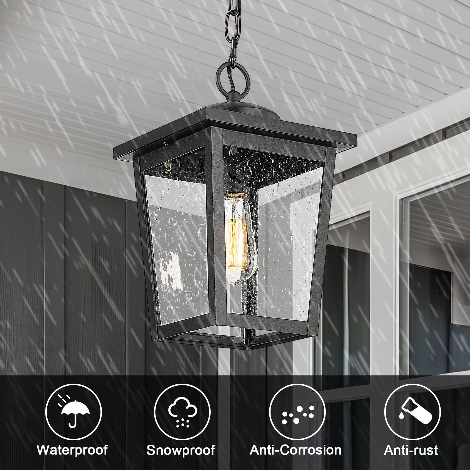 Outdoor Pendant Light for Porch, Exterior Hanging Lantern Outdoor Chandelier in Black Finish for Entryway, Doorway, Farmhouse, Foyer