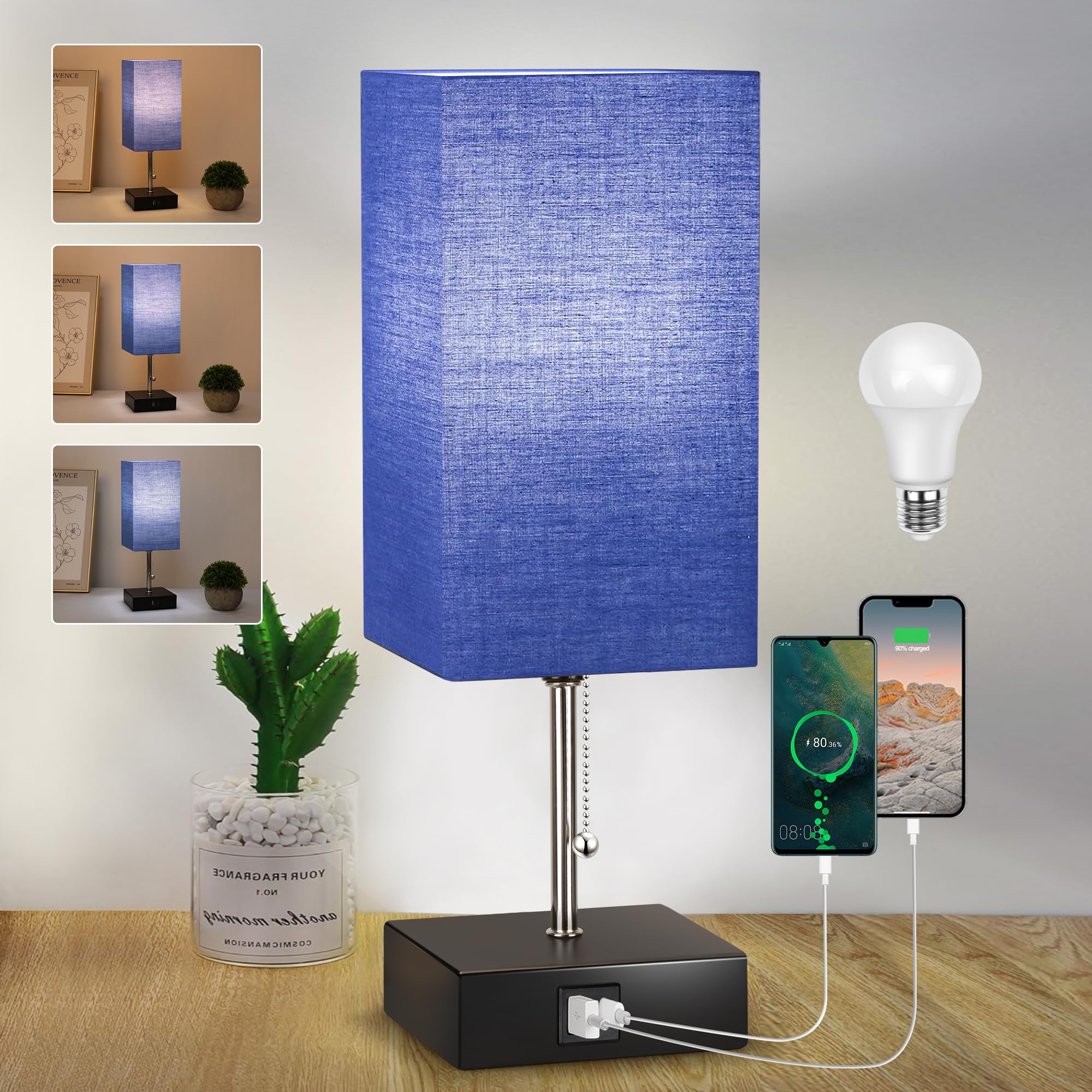 3 Color Temperature Bedside Lamp with USB C and USB A Ports Grey Table Lamps for Bedroom Nightstand Small Lamps Bed Lamp Desk Lamps by Pull Chain (Bulb Included)