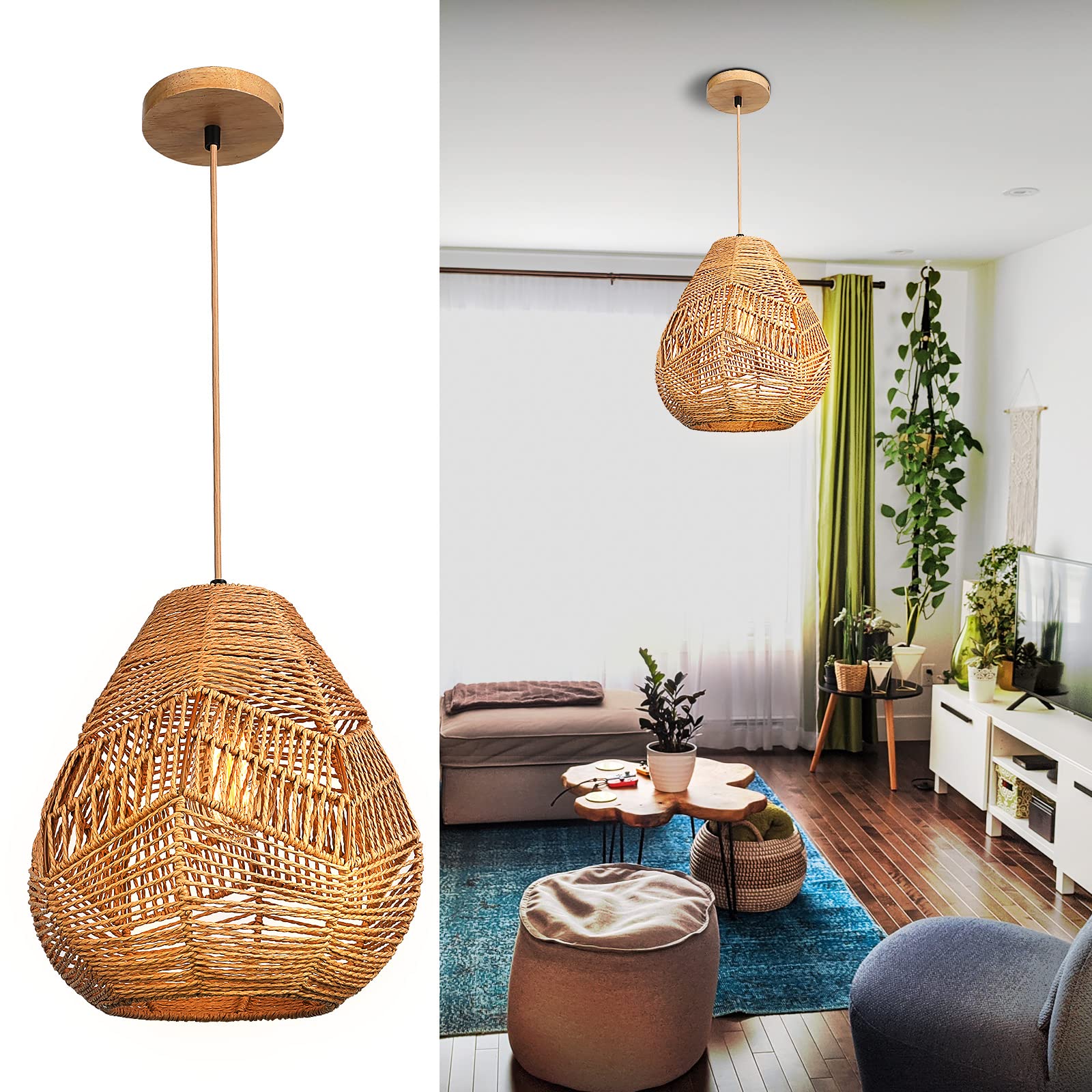 Pendant Lights Kitchen Island - Rattan Hanging Lamp Woven Lights Adjustable Boho Chandelier Hanging Light Basket Light Fixture for Farmhouse Bedroom Living Room