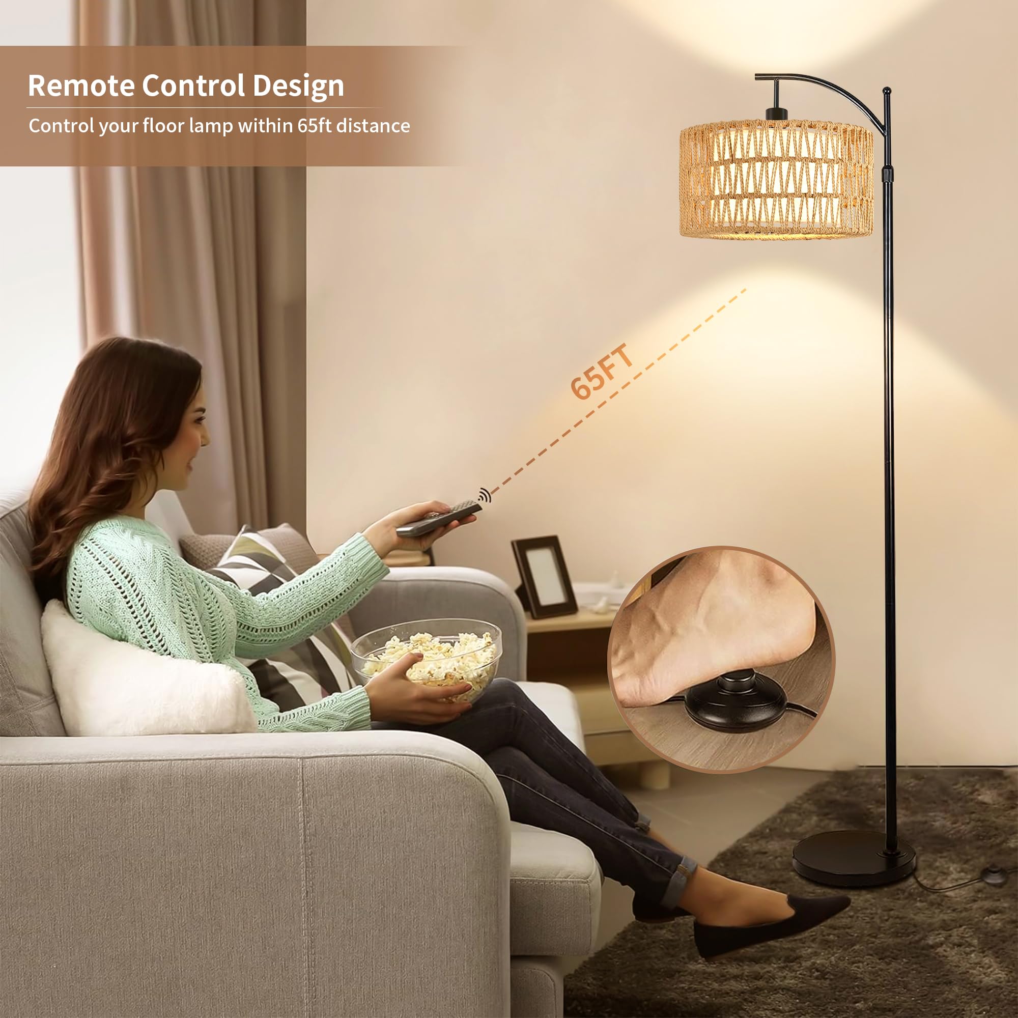 Floor Lamp for Living Room Bedroom with Remote Boho Rattan Arc Standing Lamp Dimmable Black Farmhouse Wicker Bamboo Lamp Shade Floor Light Adjustable Tall Lamp Industrial Floor Lamps Bohemian