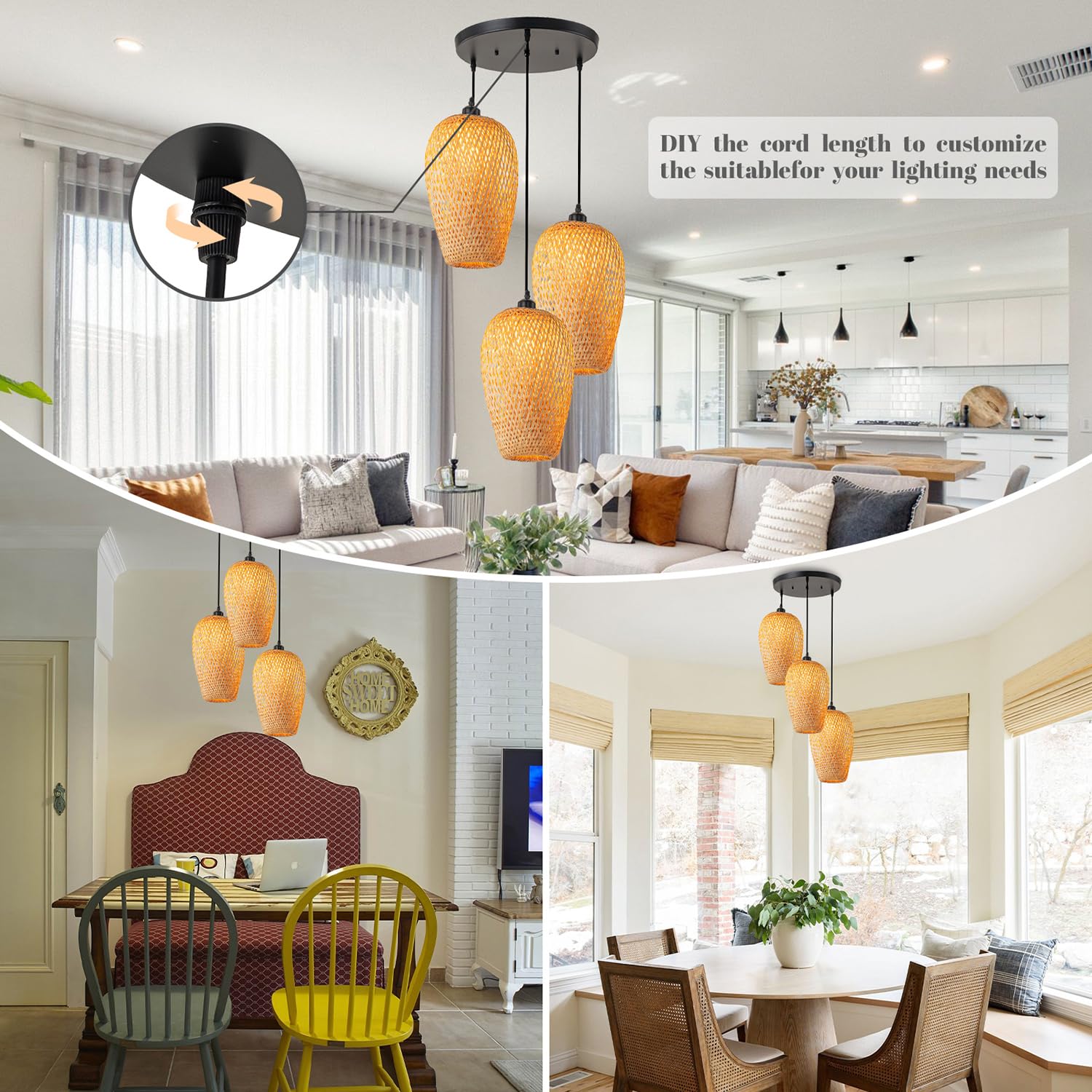 Rattan Pendant Light Bamboo Hanging Light 3-Lights Boho Pendant Light Fixture Woven Basket Wicker Shade Rattan Chandelier for Living Room Dining Room Kitchen