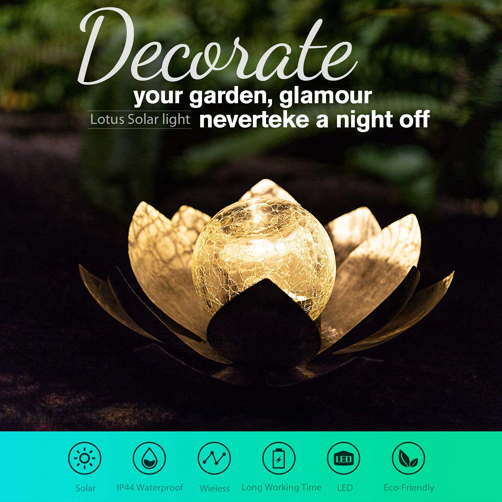 Solar Light Outdoor Waterproof Garden Light Metal Glass Decorative LED Lotus Flower Table Lamp