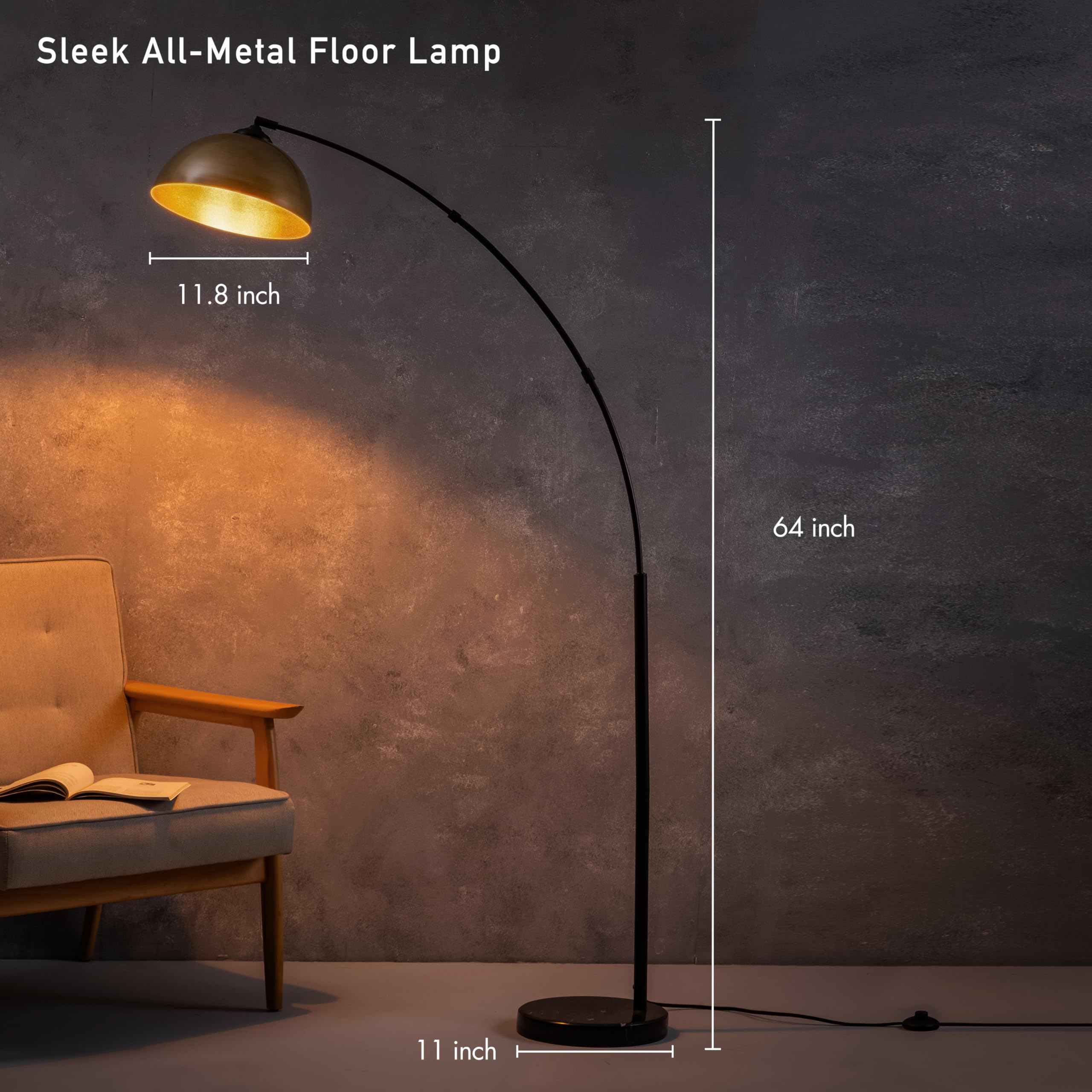 Moab - Modern Arc Floor Lamp with Adjustable Dome Shade, Marble Base, and Foot Pedal Switch, 64 Inch - Ideal for Living Room, Bedroom, Office, Brushed Gold