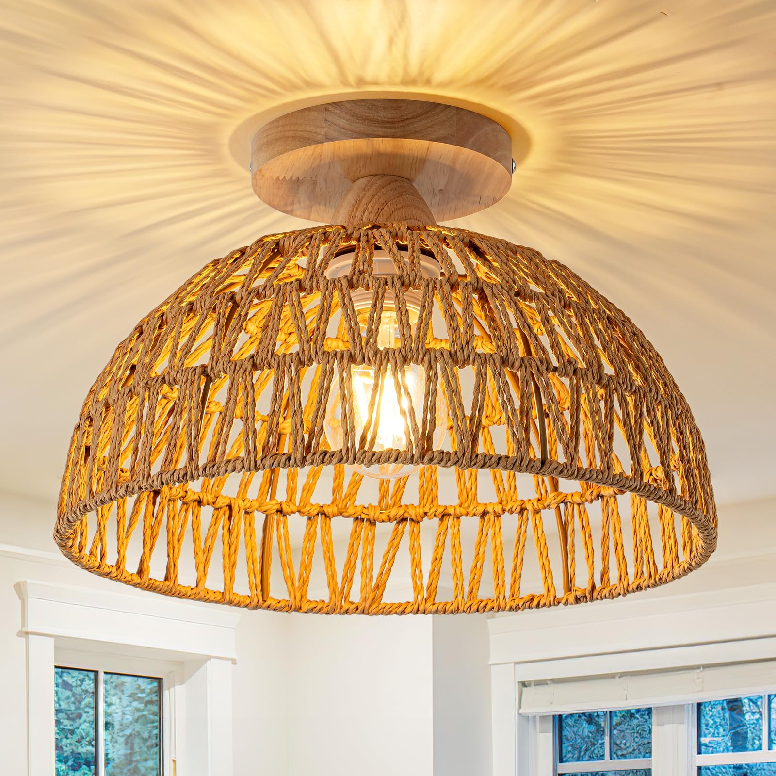 Rattan Pendant Light Fixture Basket Hanging Drum Chandelier Basket Light White Boho Ceiling Light Flush Mount Ceiling Light Woven Kitchen Chandelier for Dinning Room Hallway Bedroom Chandelier