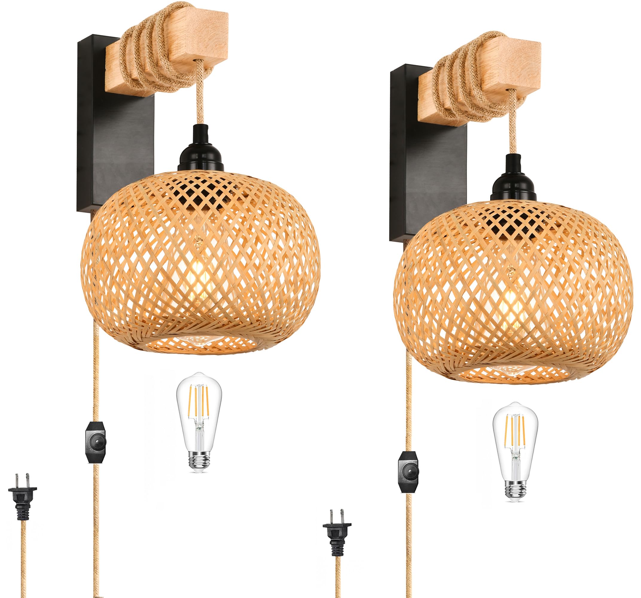 Rattan Wall Sconces Set of Two Plug in,Farmhouse Plug in Wall Sconces Hand Woven Bamboo Wall Light Fixtures with Switch,Rustic Black Wall Sconce Light Wall Lamp Plug in Sconces for Living Room Bedroom