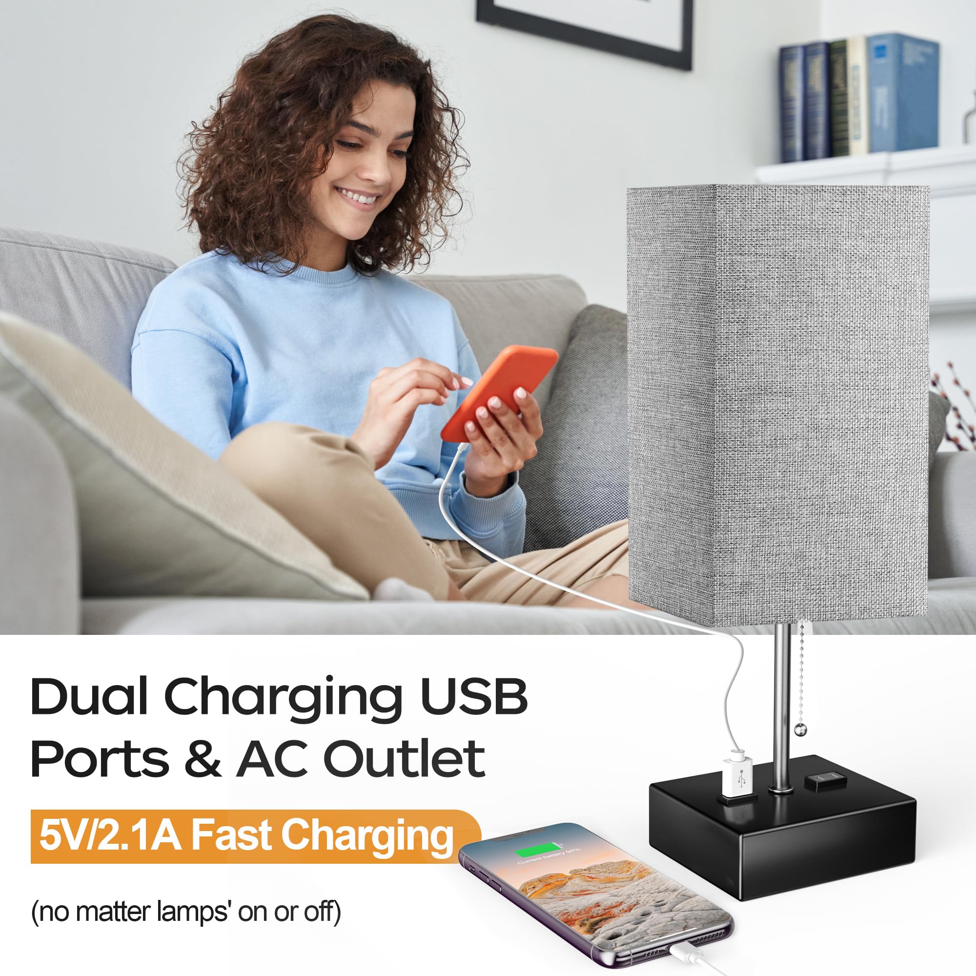 3 Color Temperature Bedside Lamp with USB C and USB A Ports Grey Table Lamps for Bedroom Nightstand Small Lamps Bed Lamp Desk Lamps by Pull Chain (Bulb Included)