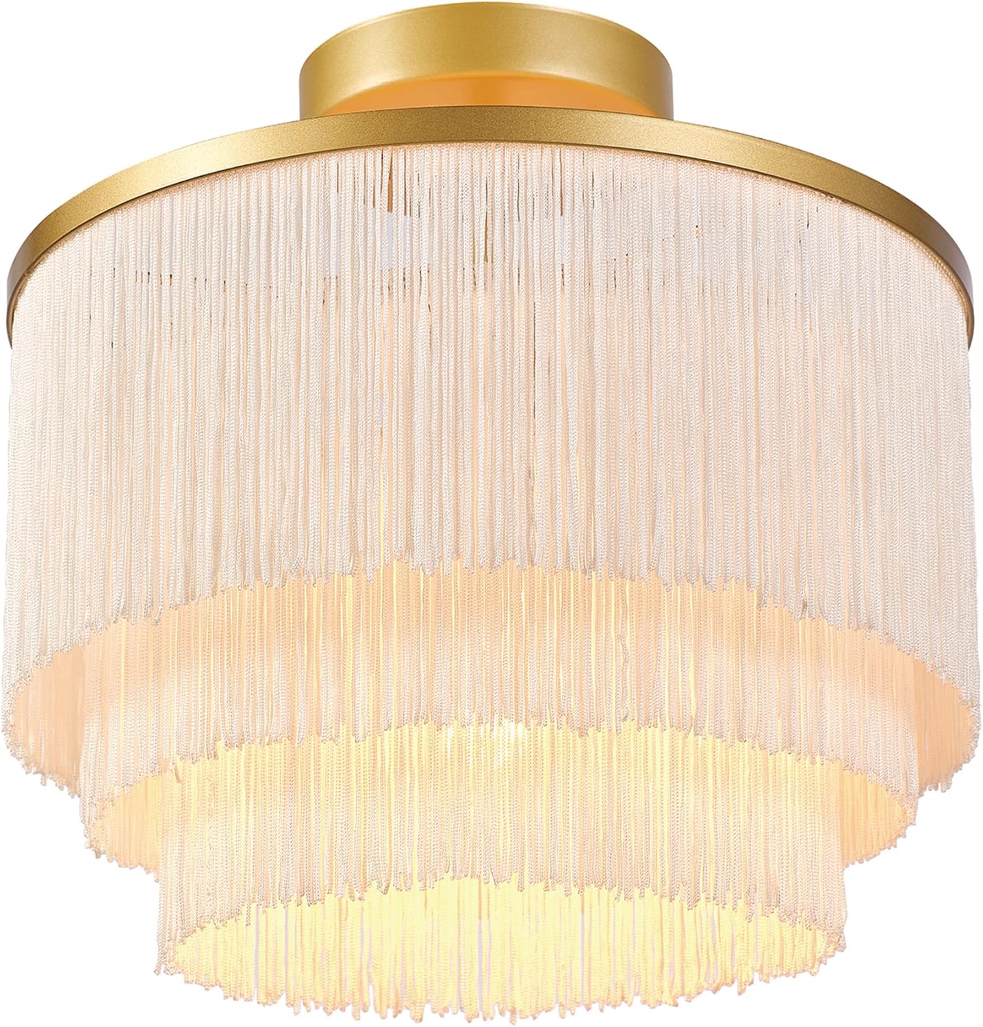 Globe Electric 65892 1-Light Flush Mount Ceiling Light, Matte Gold, White Fabric Fringe Shade, Bulb Not Included