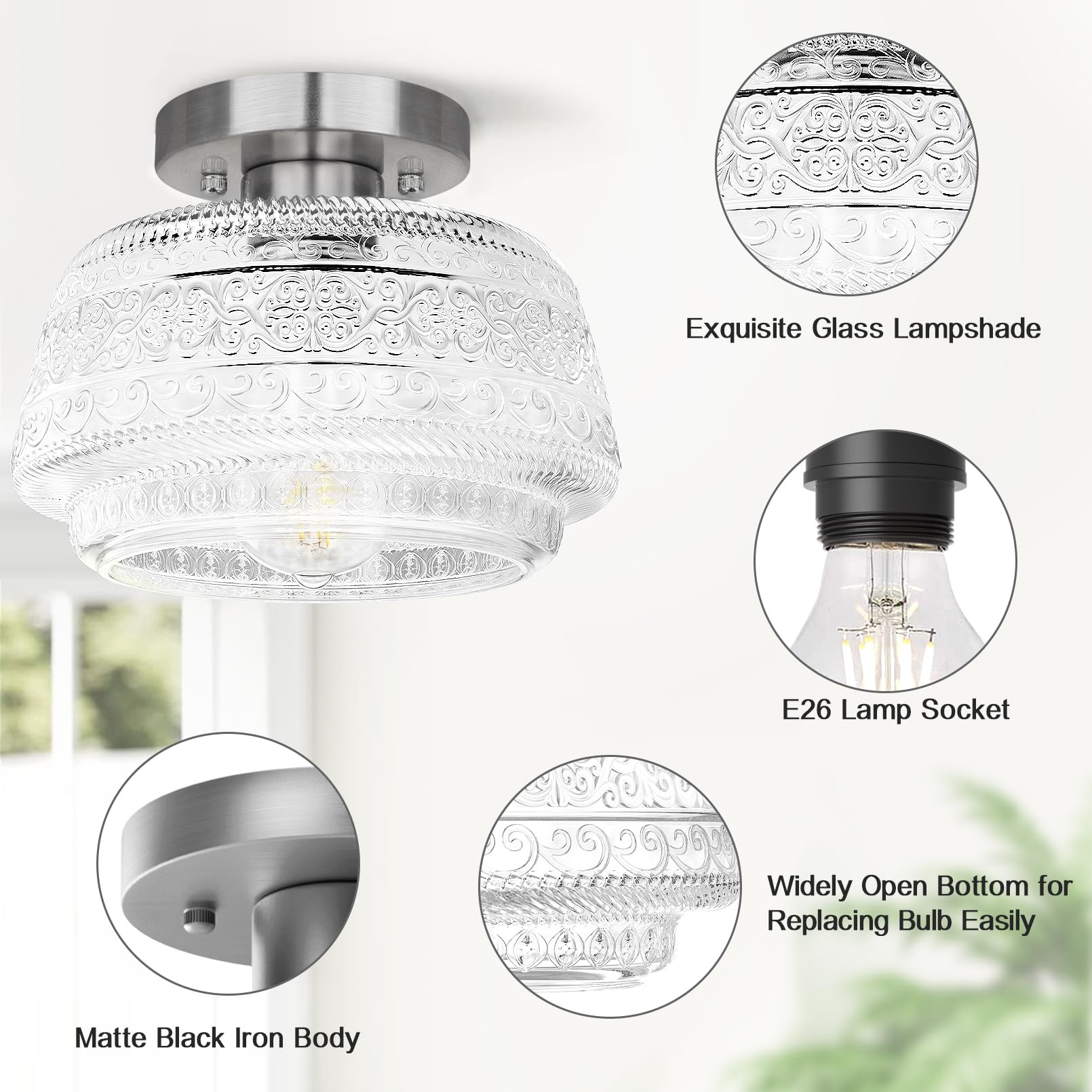 Semi Flush Mount Ceiling Light, Globe Glass Ceiling Light Fixture, Black Close to Ceiling Lighting, Indoor Kitchen Lighting for Hallway Porch Corridor Bedroom, Bulb Not Included