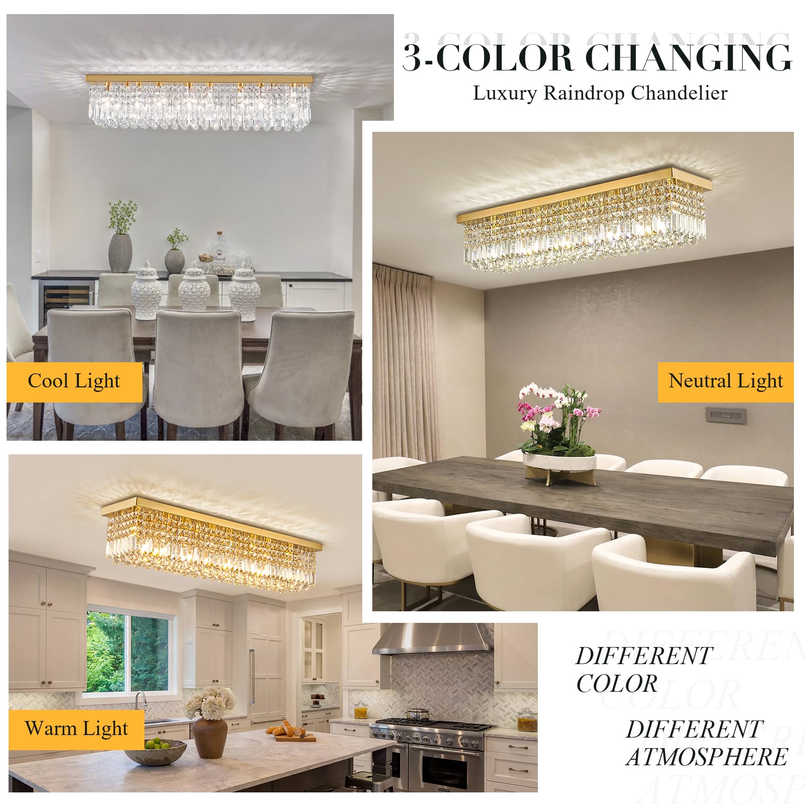 6-Light Modern Crystal Chandelier Rectangular Gold K9 Crystal Raindrop Chandelier for Dining Room, Luxury Adjustable Ceiling Pendant Light for Living Room Kitchen Island L31.5'' x W10'' x H10''