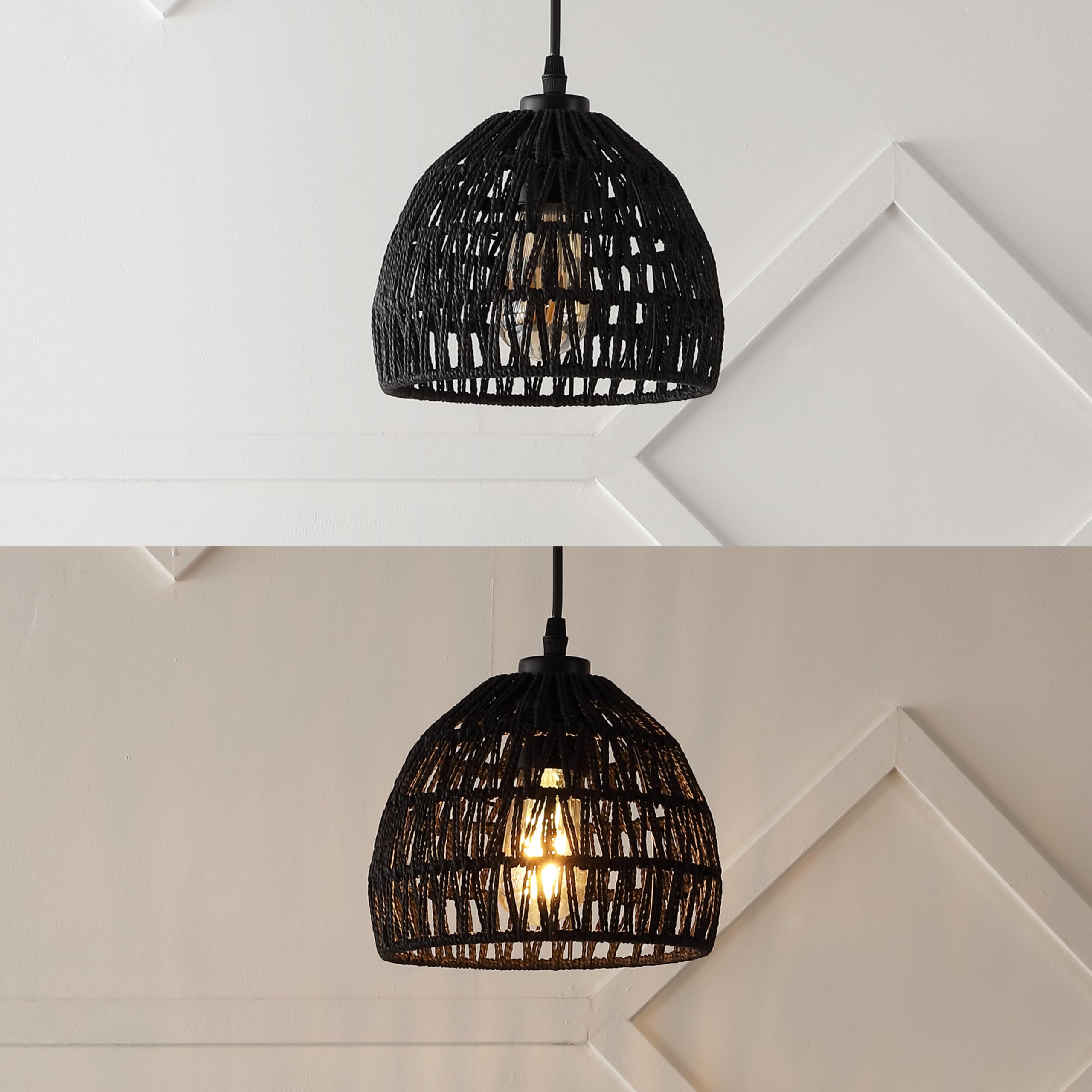 20" 1-Light Bohemian Modern Woven Rattan/Iron LED Pendant Farmhouse Coastal Adjustable Dining Room Living Room Kitchen Island Foyer Bedroom Hallway, Black