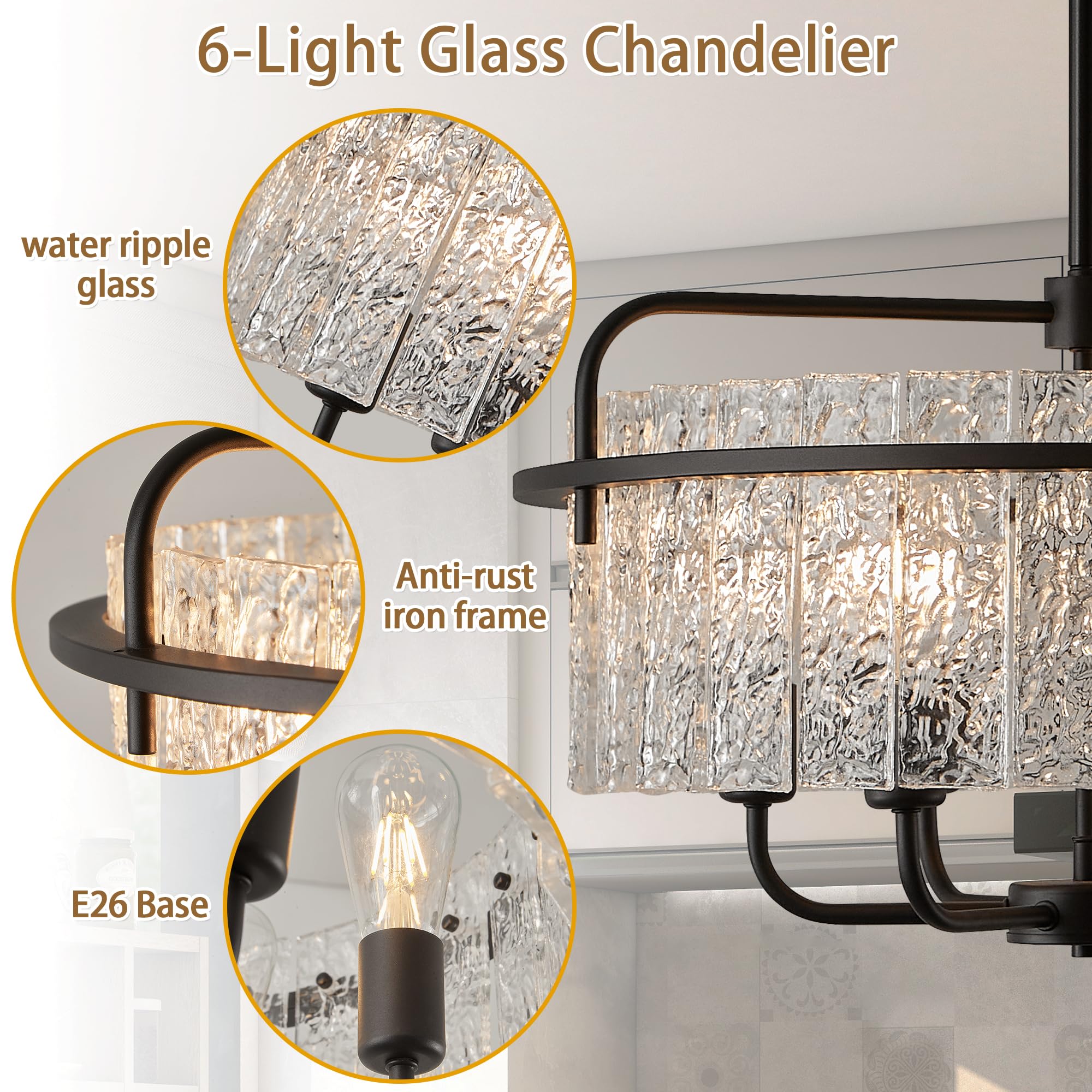 Modern Black Glass Chandeliers for Dining Room Water Ripple Glass Light Fixture 6-Light Crystal Chandeliers for Kitchen Island Living Room Bedroom